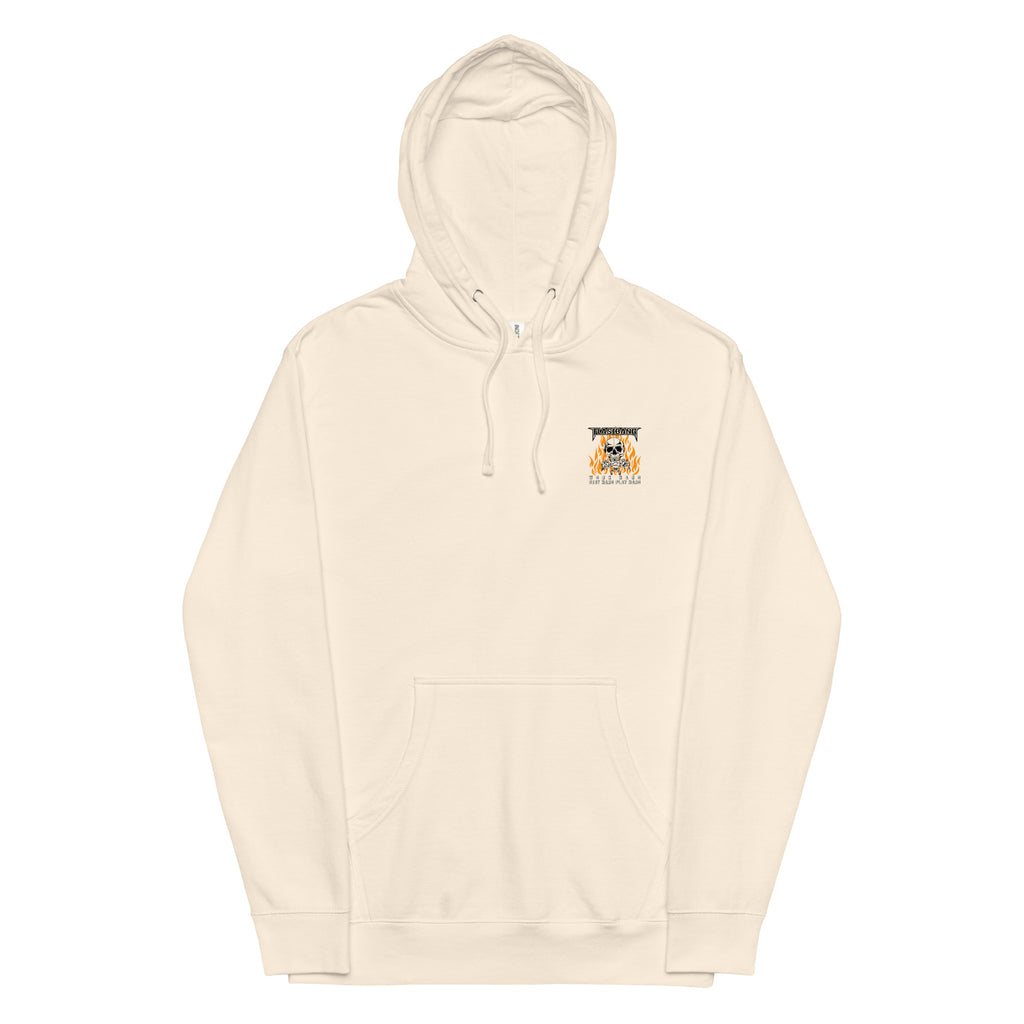 Beige hoodie with a small logo on the chest against a white background