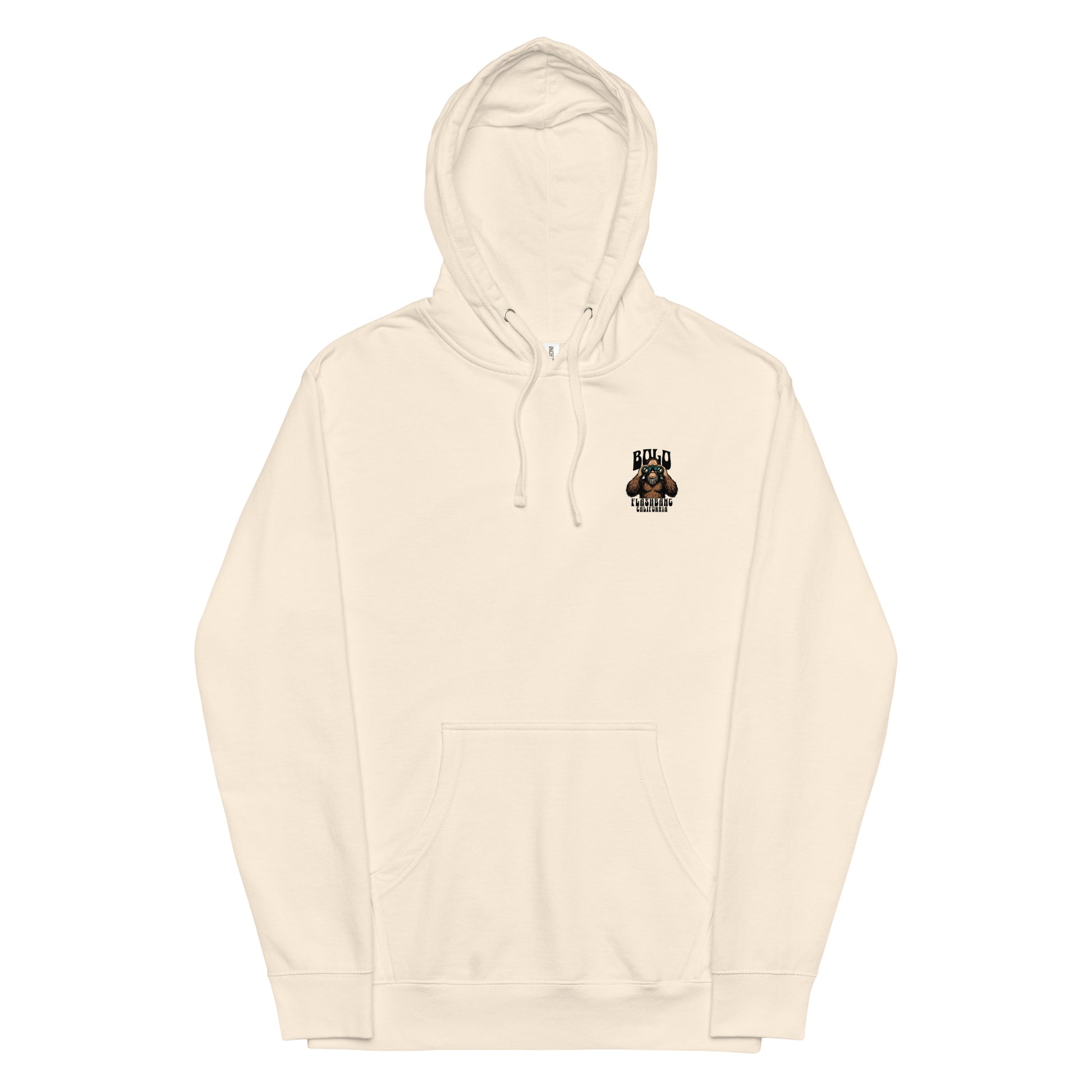 Beige hoodie with a small logo on the chest against a white background