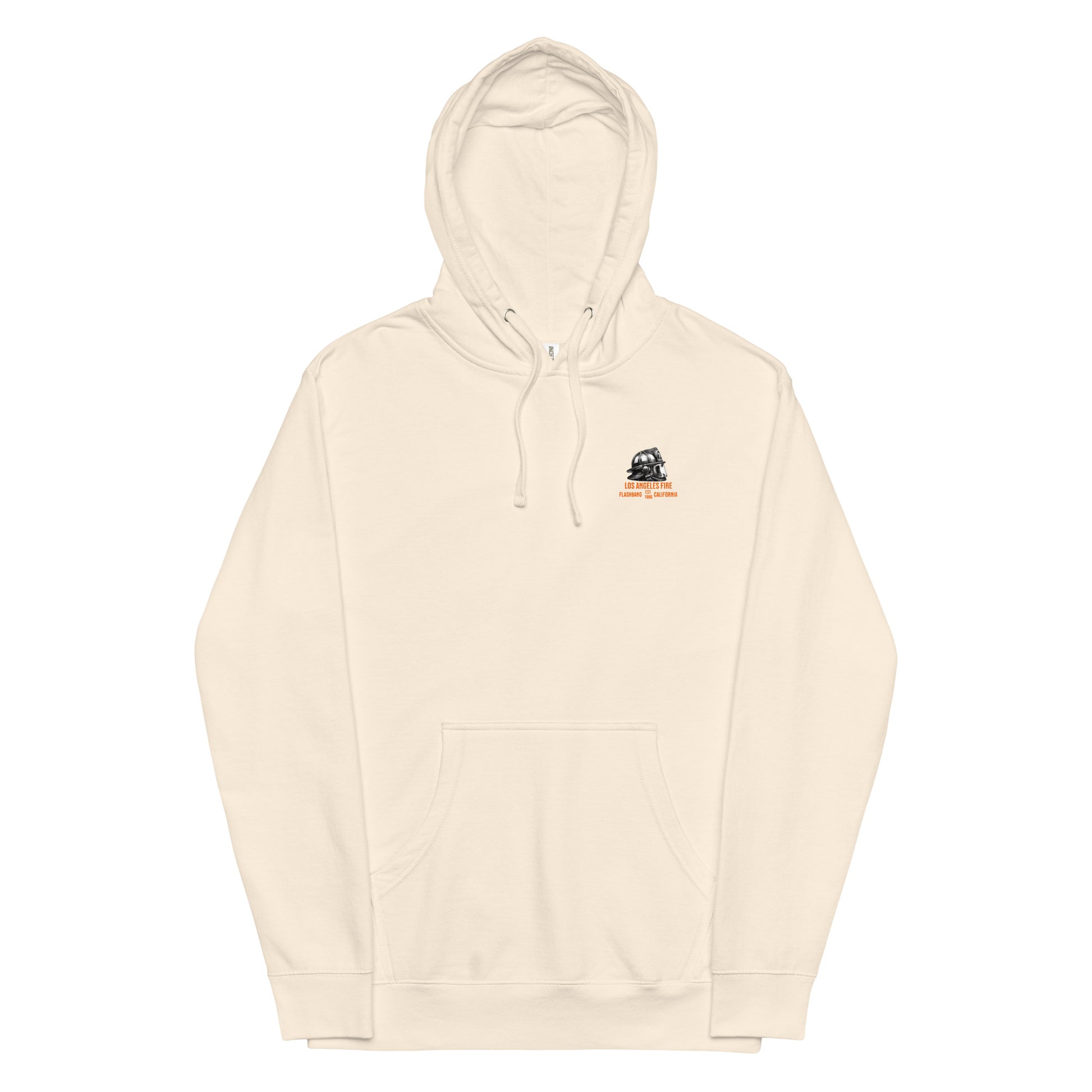 Beige hoodie with a small logo on the chest against a white background