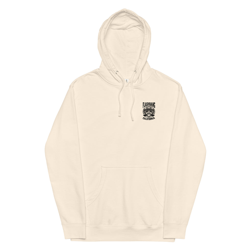 Beige hoodie with a small black logo on a white background