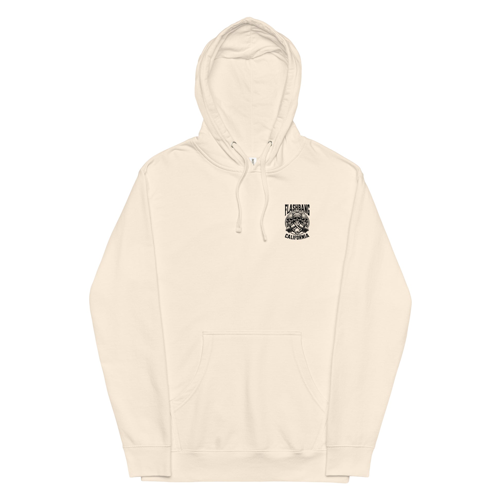 Beige hoodie with a small black logo on a white background