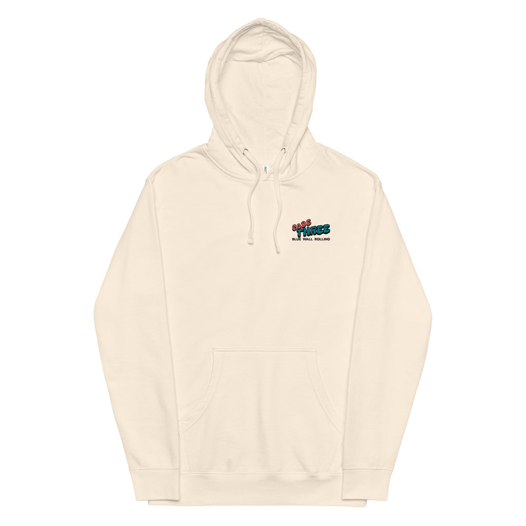 Beige hoodie with a logo on the chest against a white background