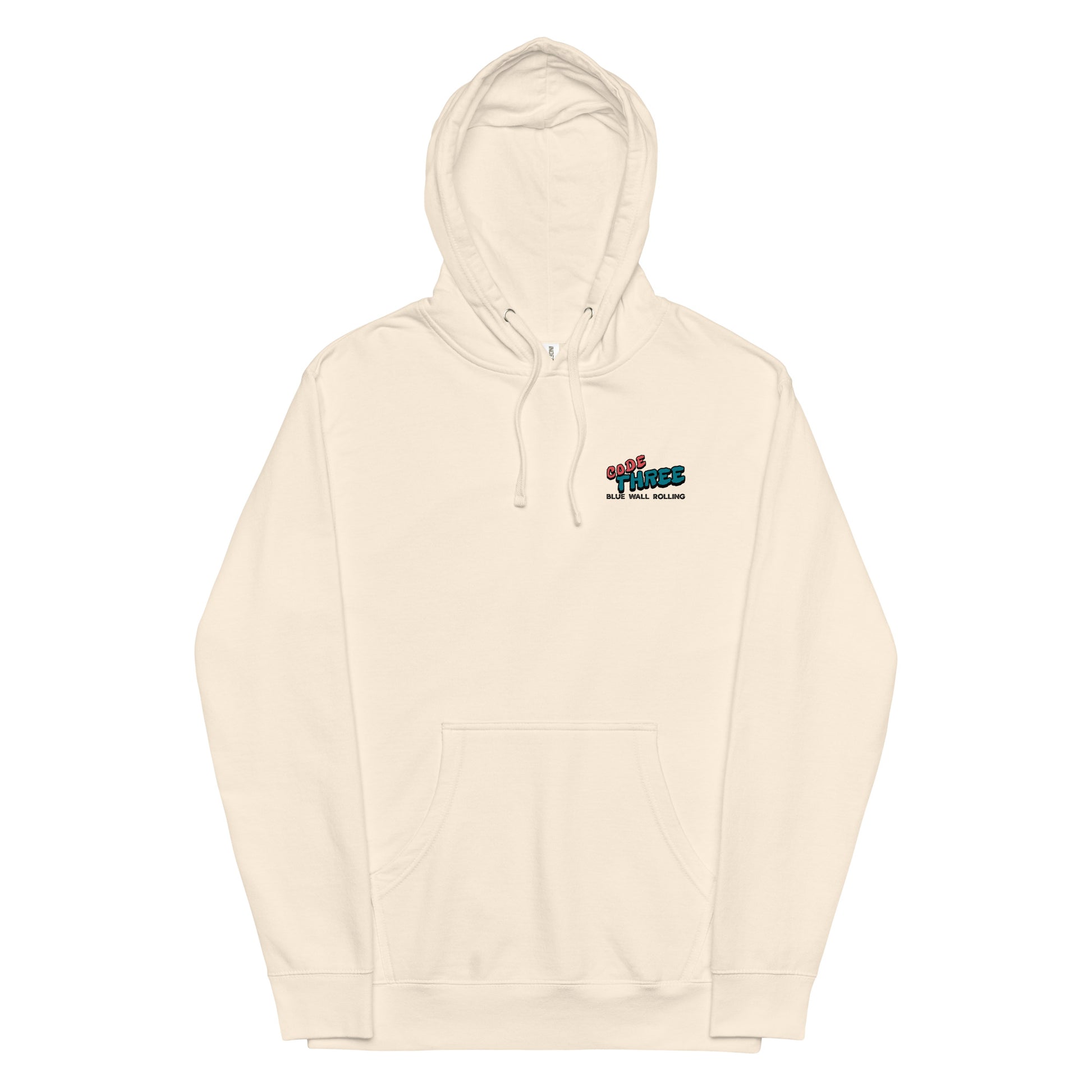 Beige hoodie with a logo on the chest against a white background