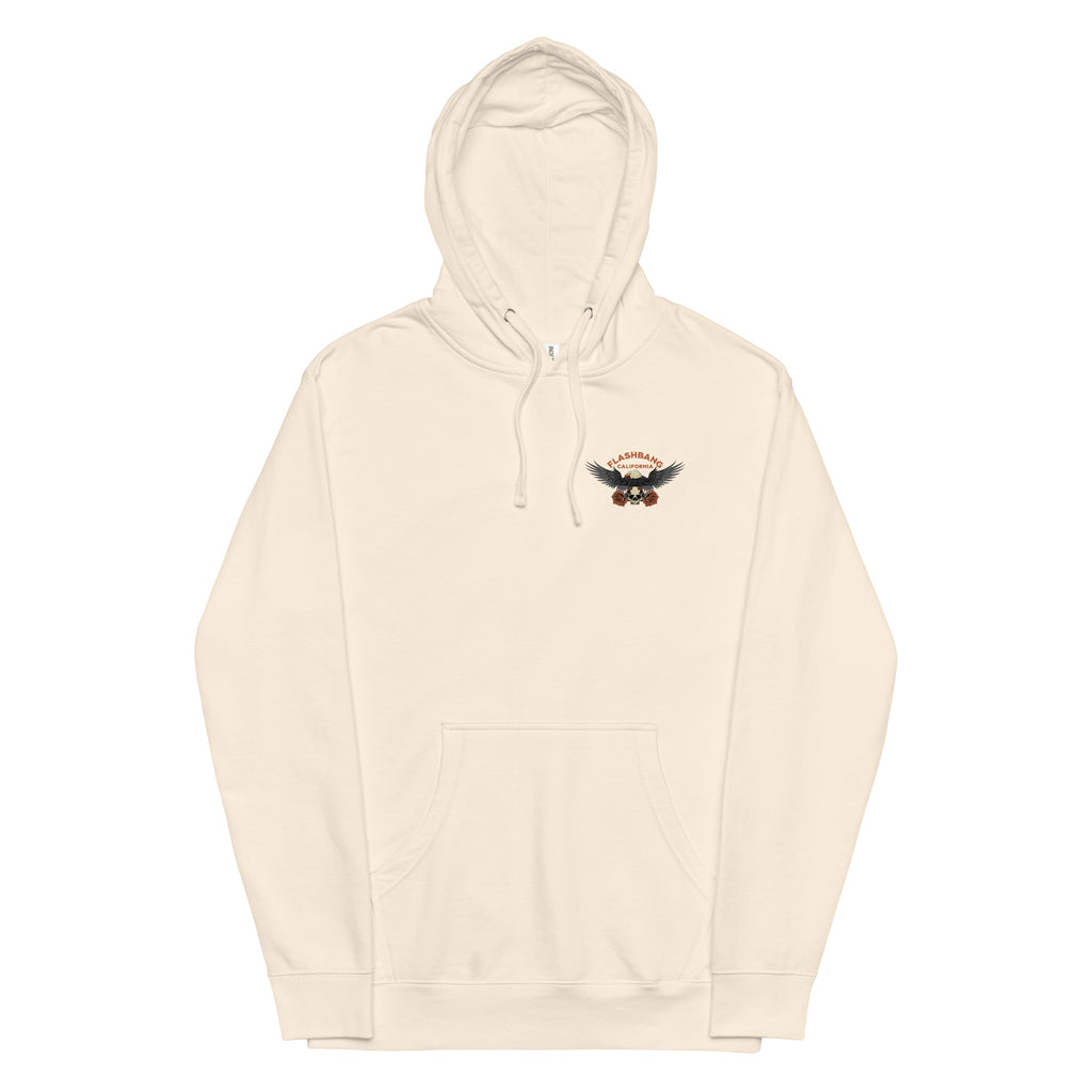 Beige hoodie with a small logo on a white background