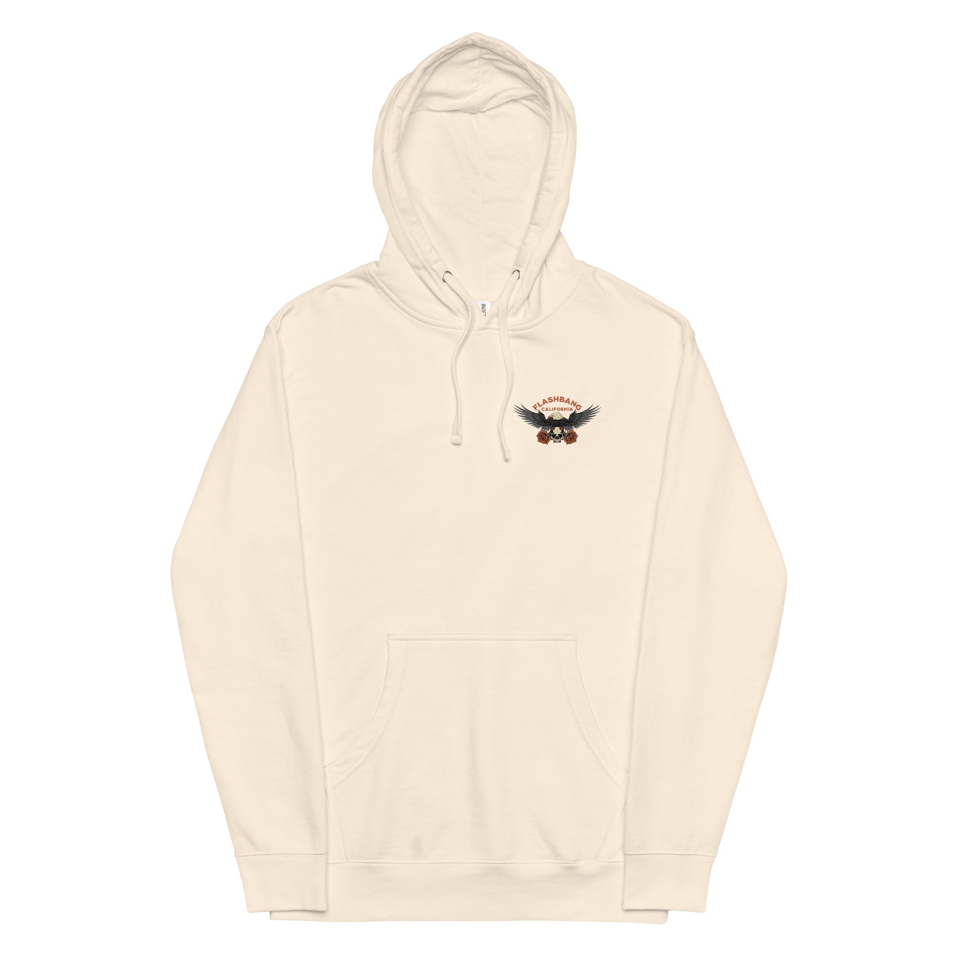 Beige hoodie with a small logo on a white background