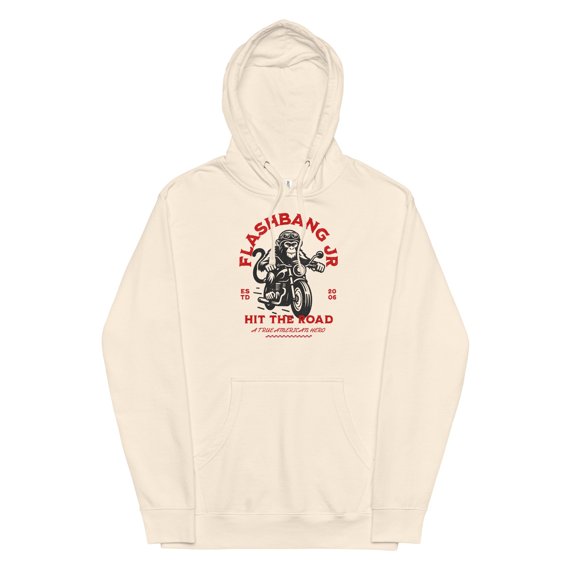 Beige hoodie with graphic design on a white background