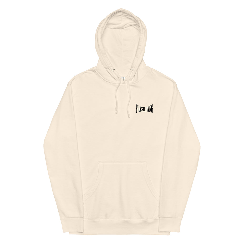 Beige hoodie with a brand logo on a white background