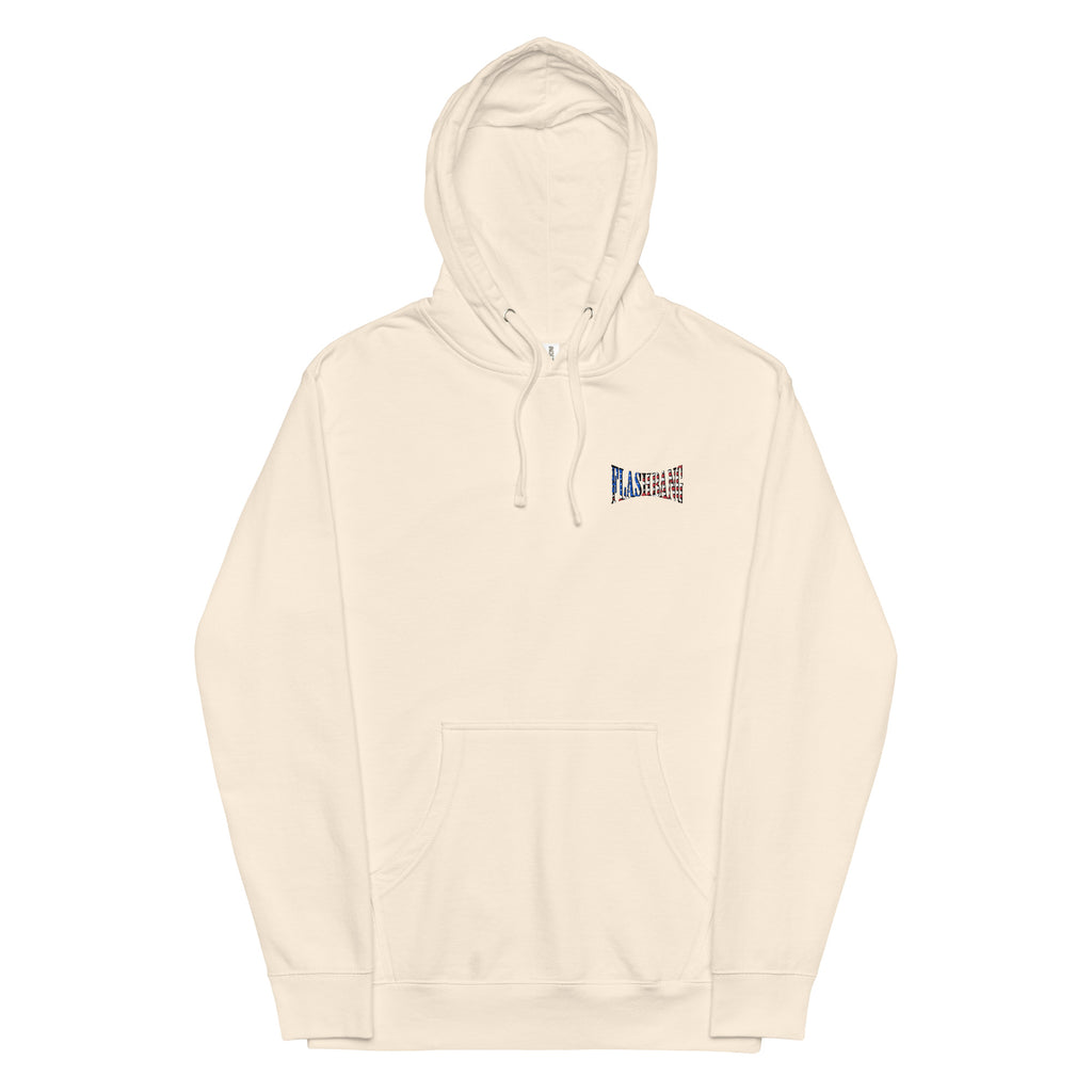Beige hoodie with a small logo on the chest against a white background