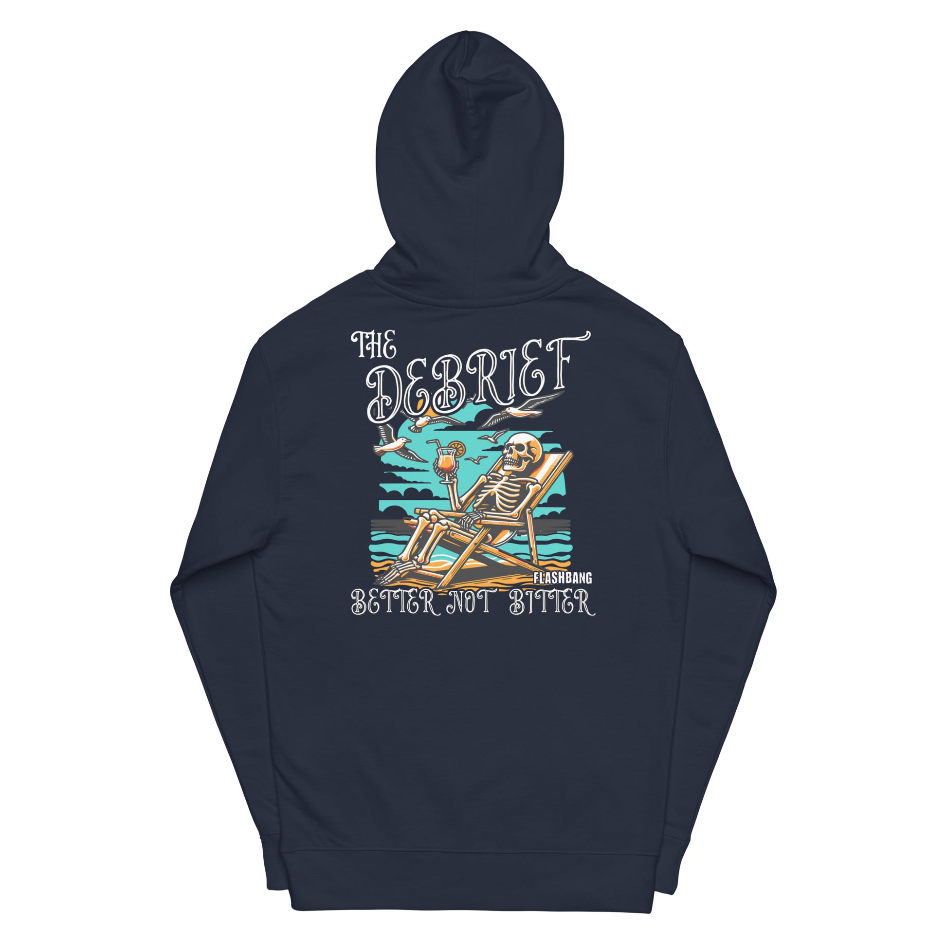 Navy blue hoodie with a skeleton design and text on the back, on a white background