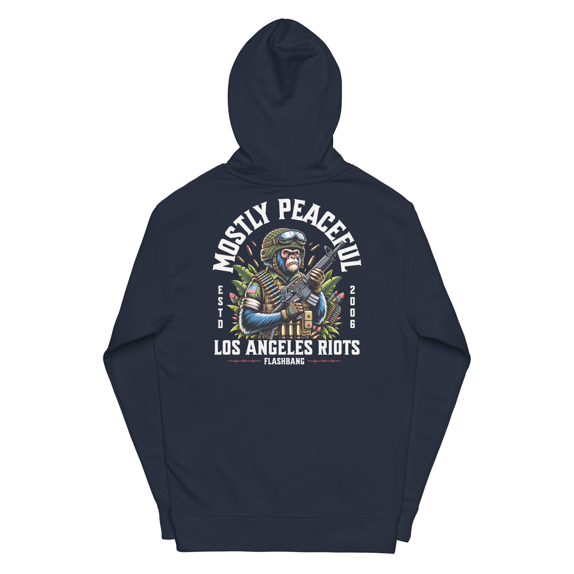 Navy blue hoodie with graphic design on the back on a white background