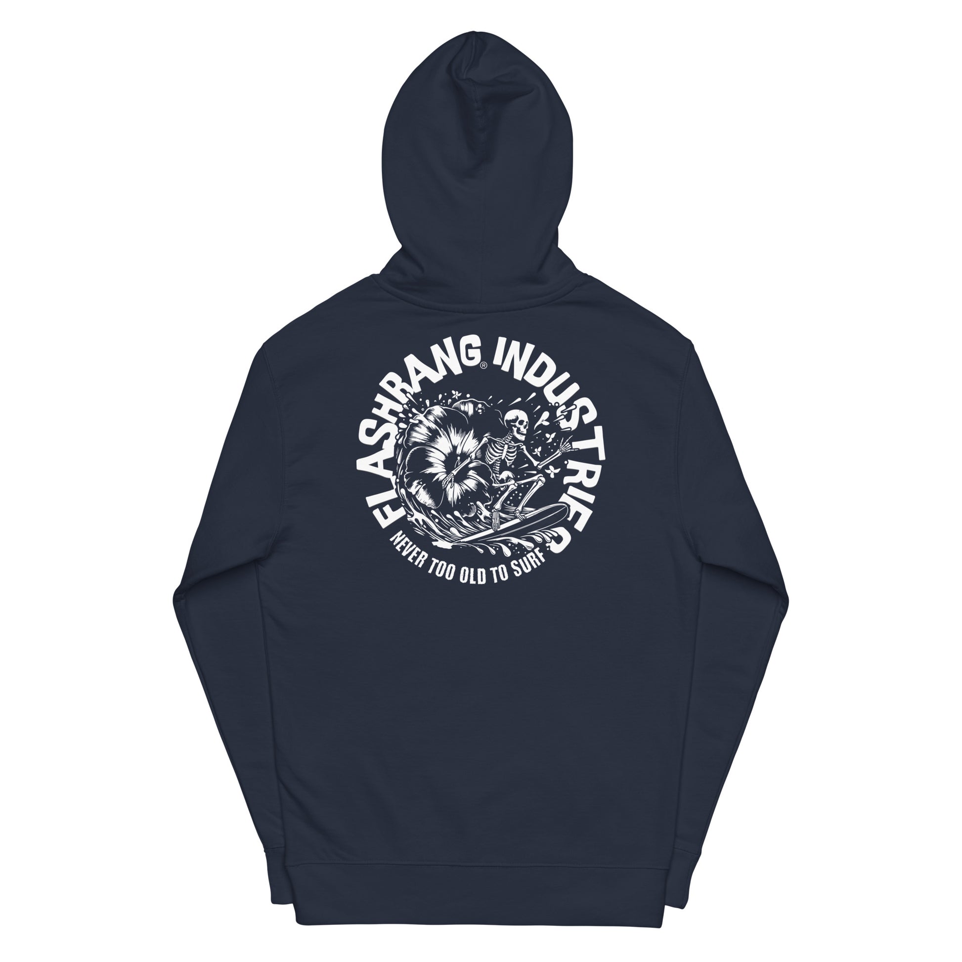 Navy blue hoodie with white graphic and text on a white background