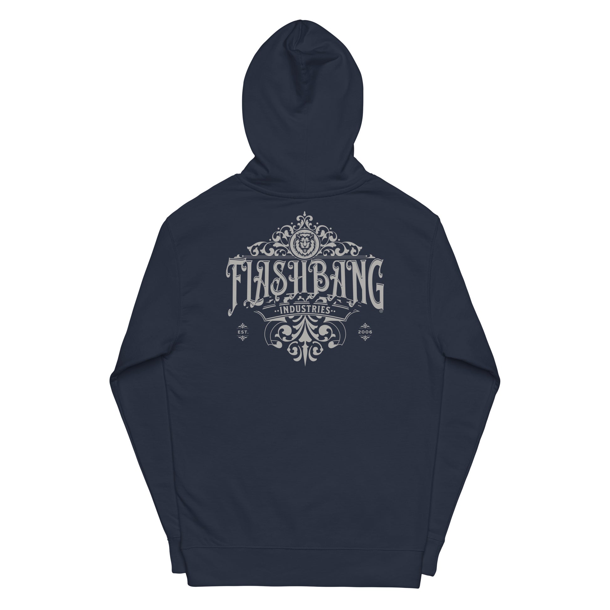 Navy blue hoodie with 'Flashbang Industries' logo on the back against a white background