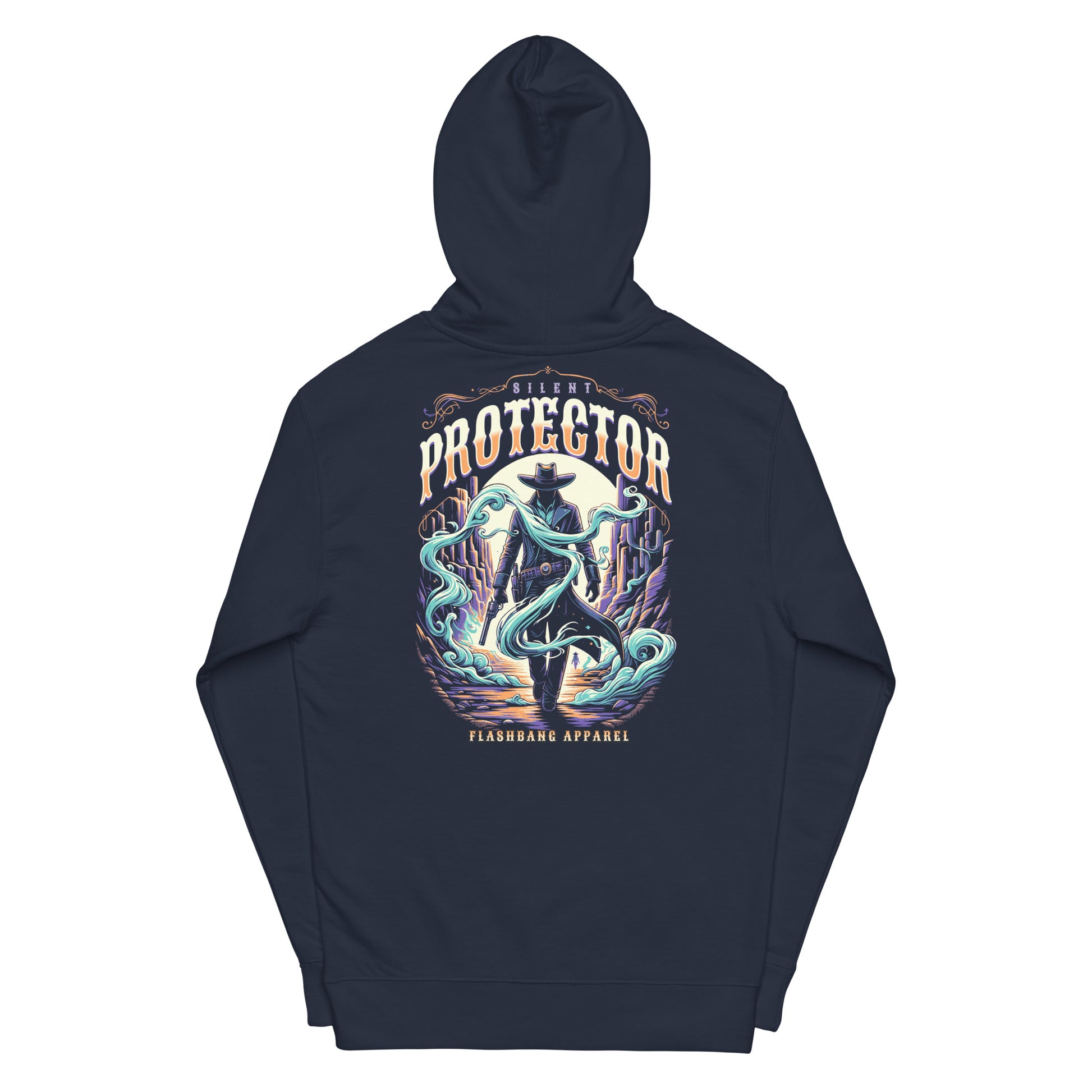 Navy blue hoodie with a colorful graphic design on the back, featuring the word 'PROTECTOR' and a silhouette of a person with an animal-like creature.
