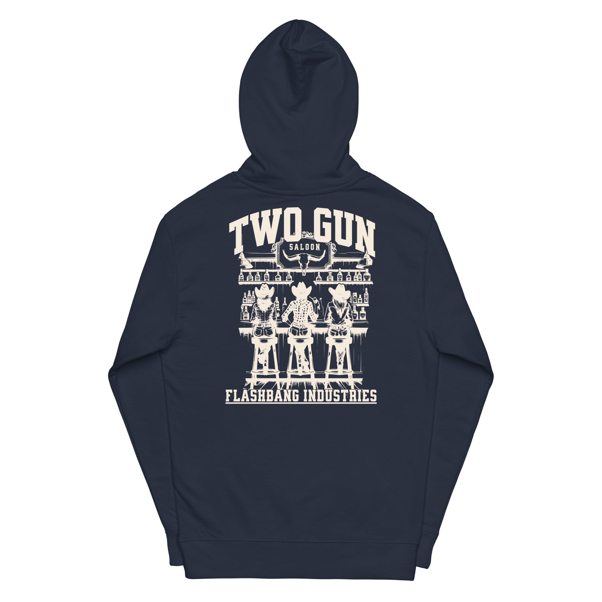 Navy blue hoodie with white graphic design on the back on a white background
