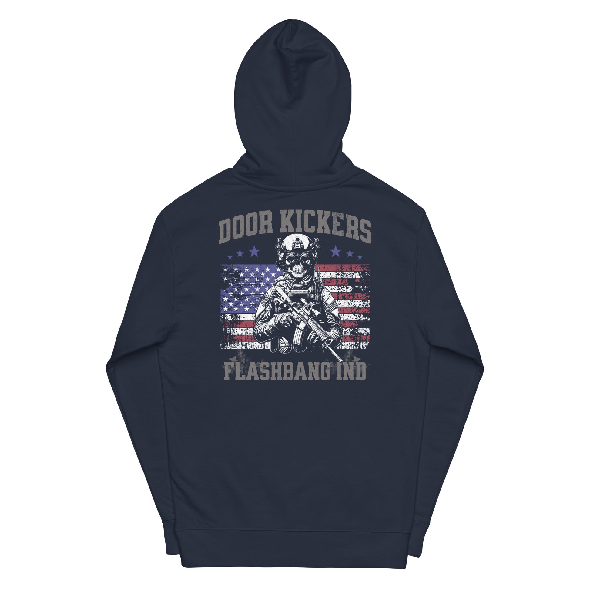 Navy hoodie with 'Door Kickers Flashbang IND' design on a white background