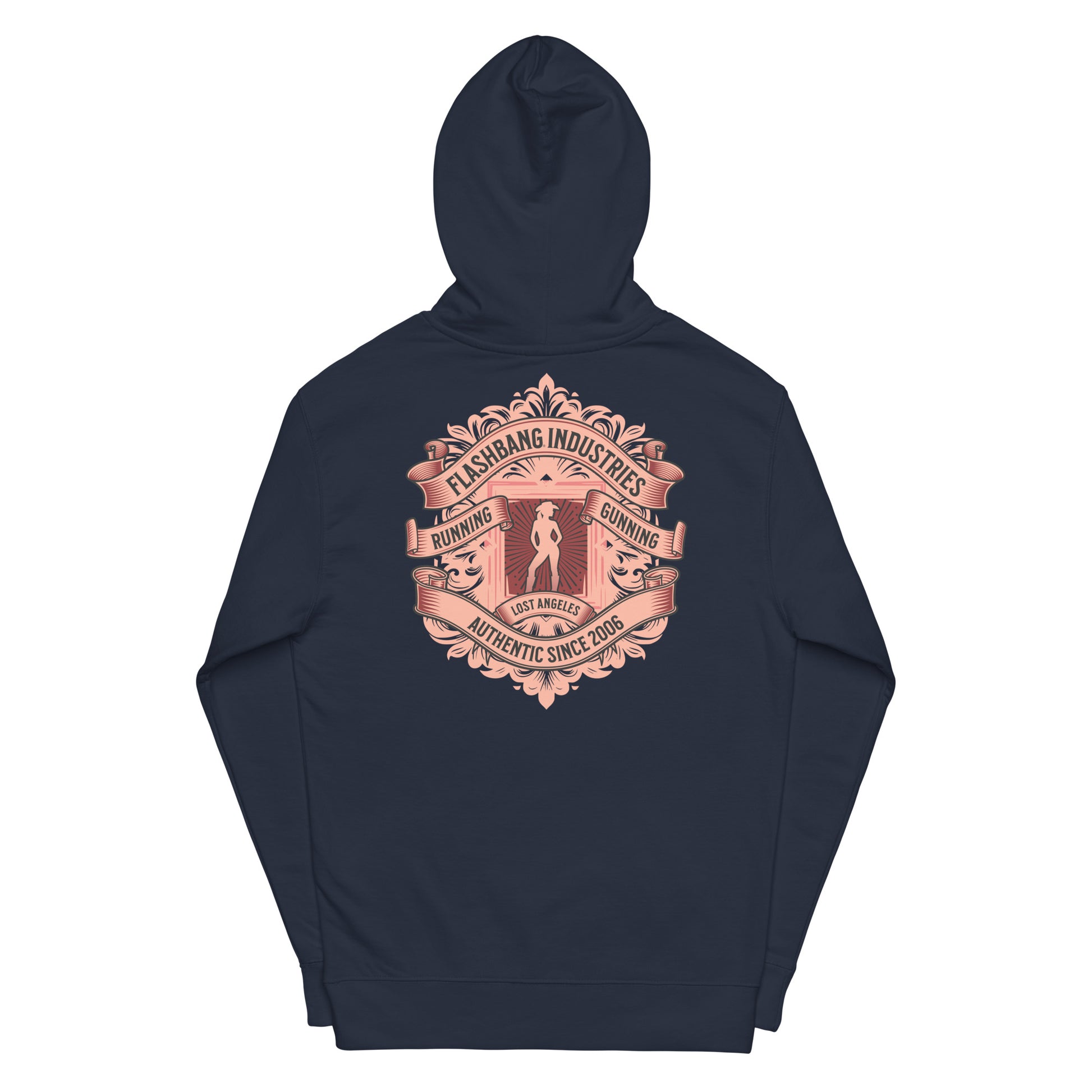 Navy blue hoodie with a pink logo on the back against a white background