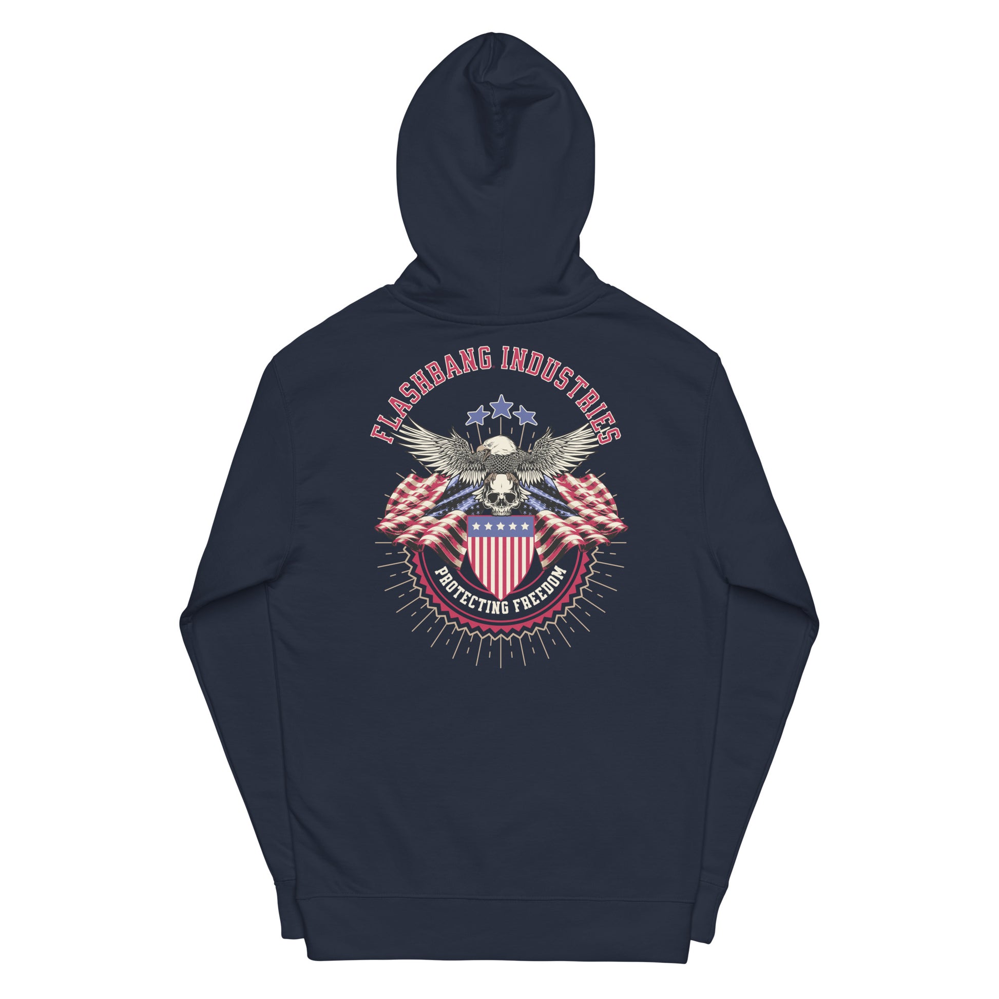 Navy blue hoodie with patriotic graphic on the back against a white background