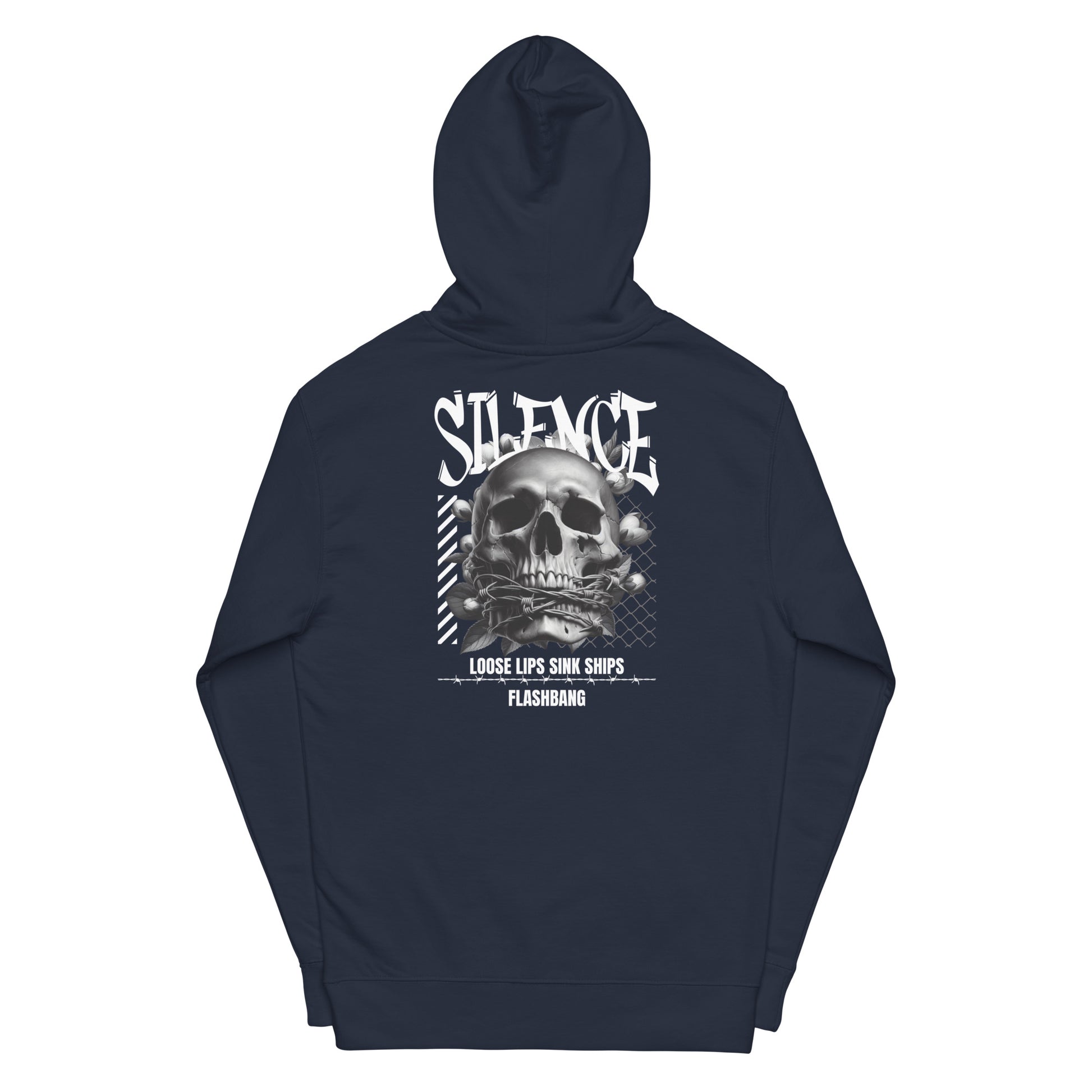 Navy blue hoodie with a skull graphic and text on the back against a white background