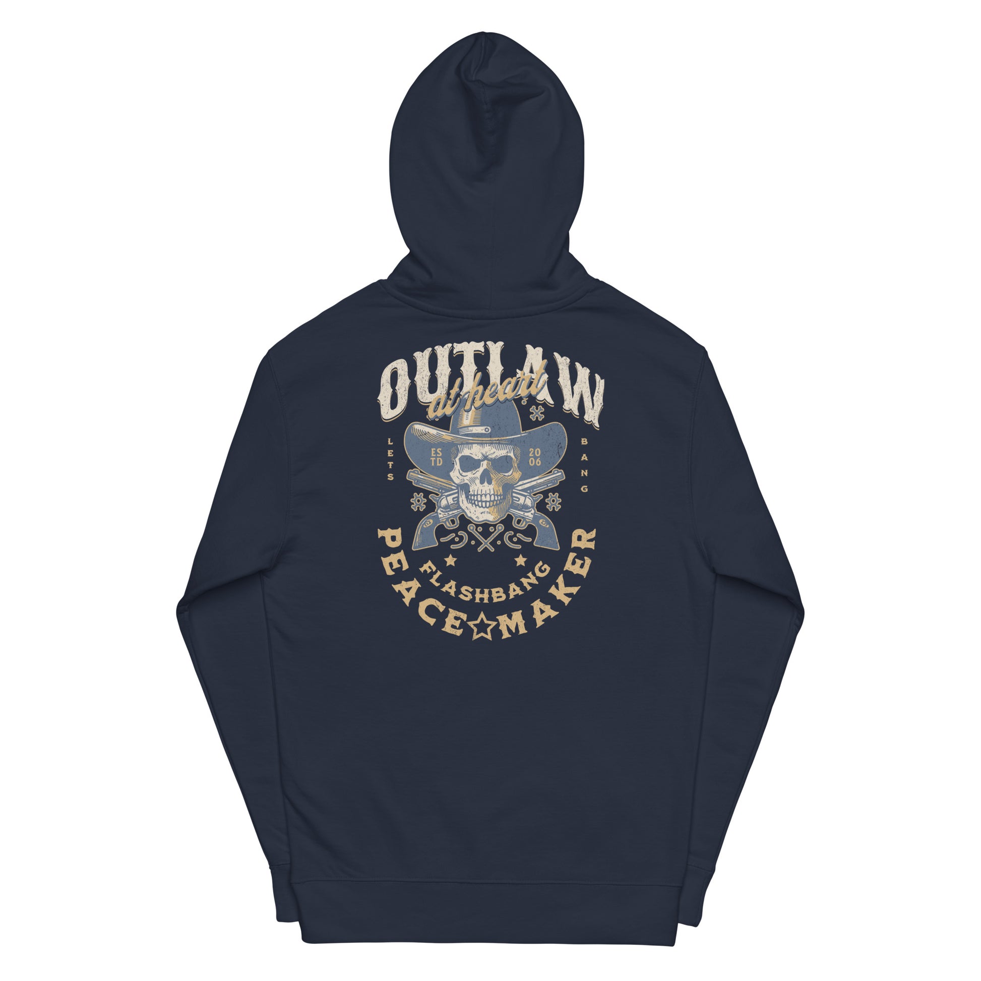 Navy blue hoodie with a graphic design on the back featuring text and a skull, on a white background.