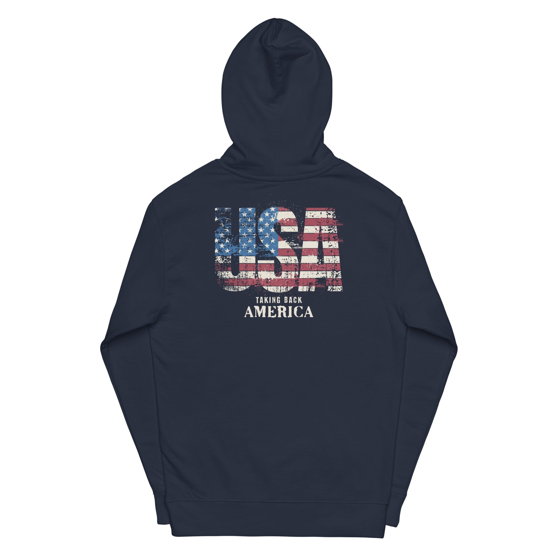 Navy blue hoodie with USA flag design and text on a white background