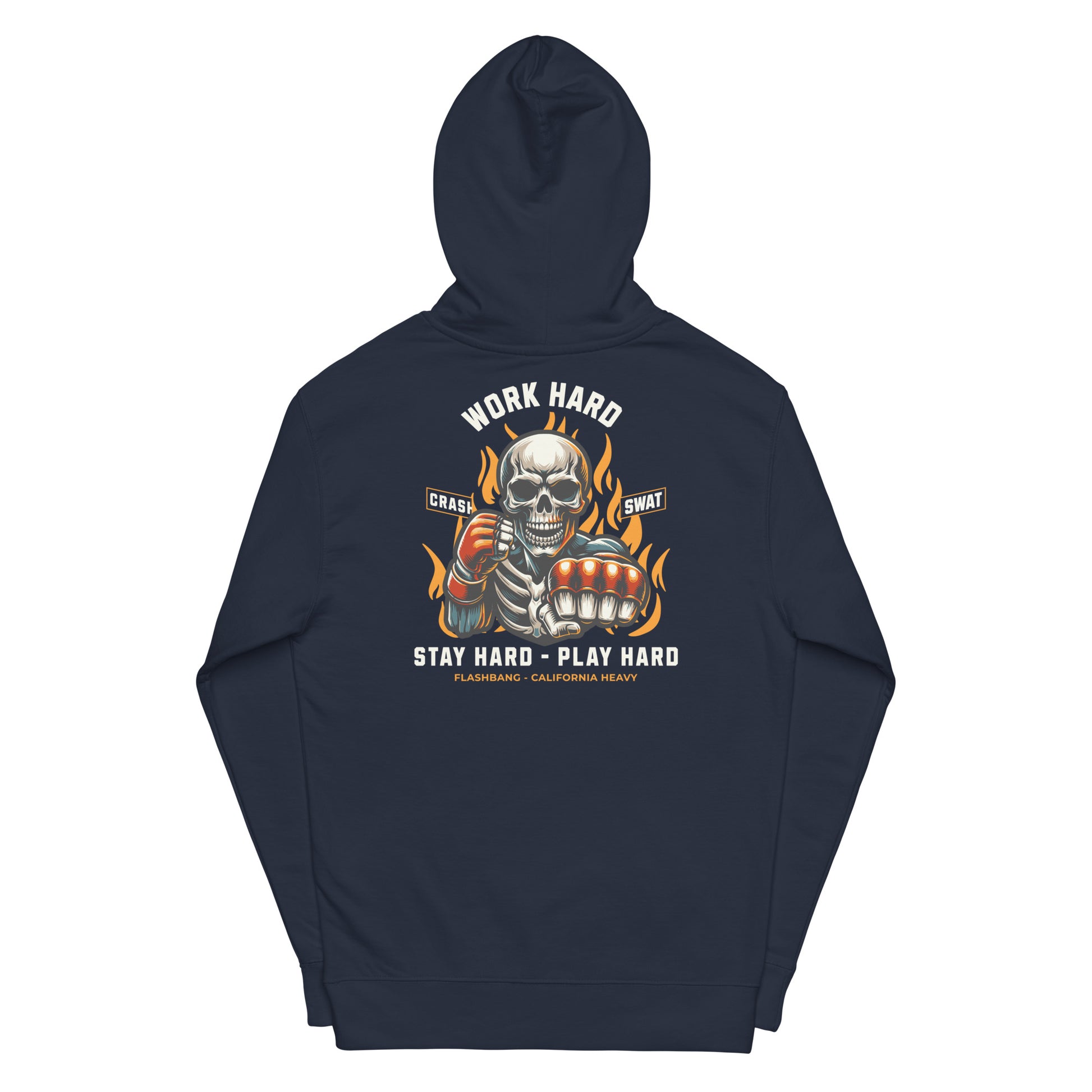 Navy blue hoodie with a graphic design on the back featuring a skull and text.