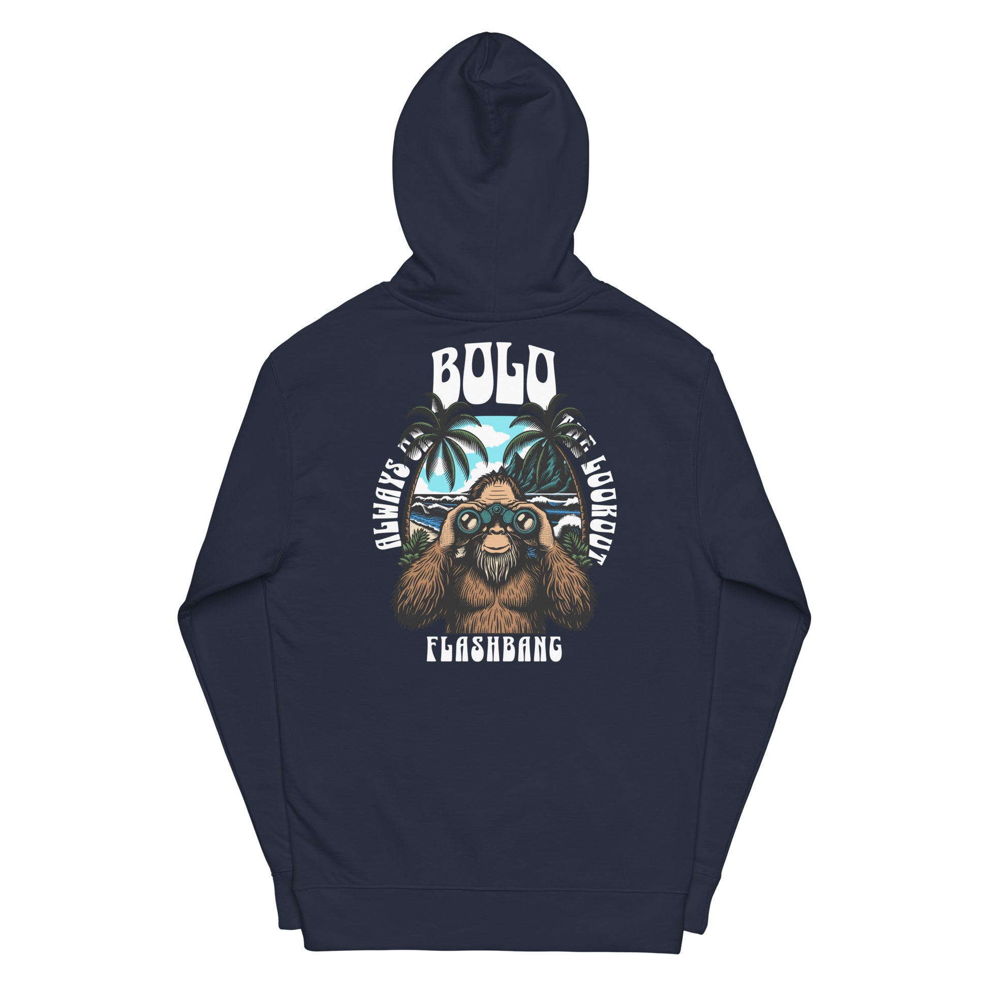 Navy blue hoodie with a graphic design on the back featuring a bear and text, on a white background.
