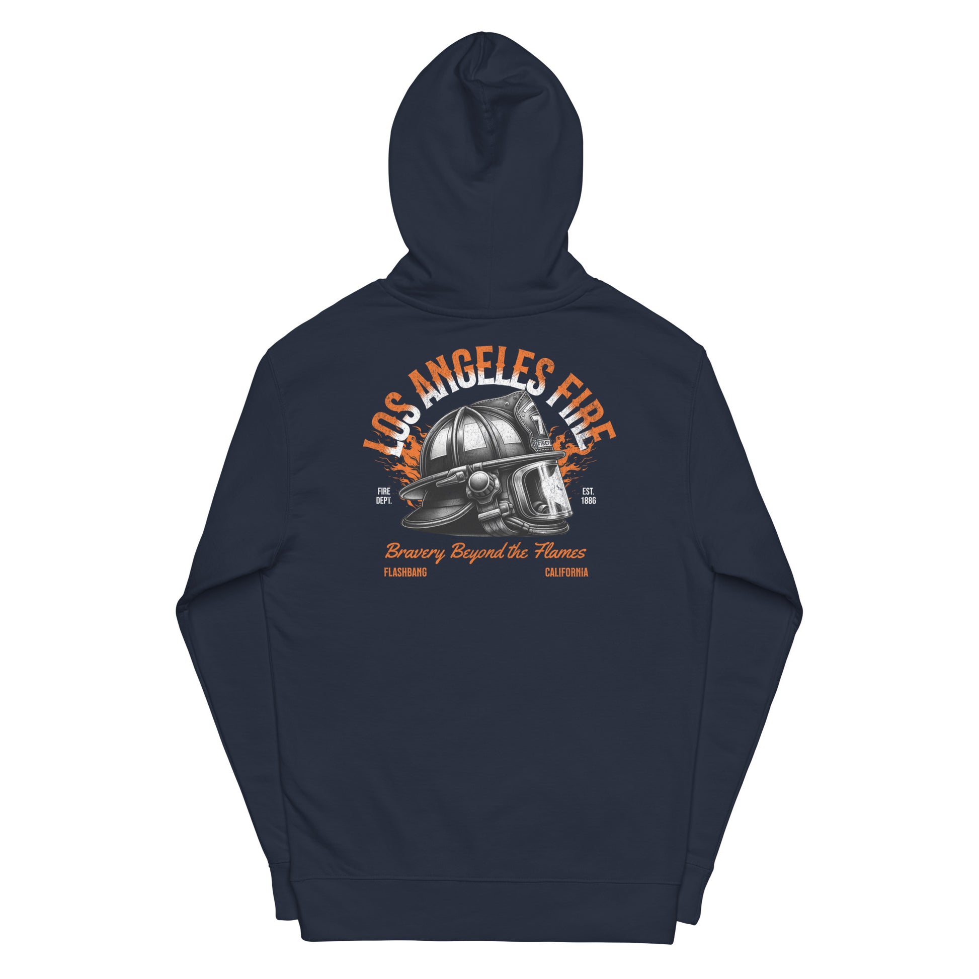 Navy blue hoodie with 'Los Angeles Fire' graphic on a white background