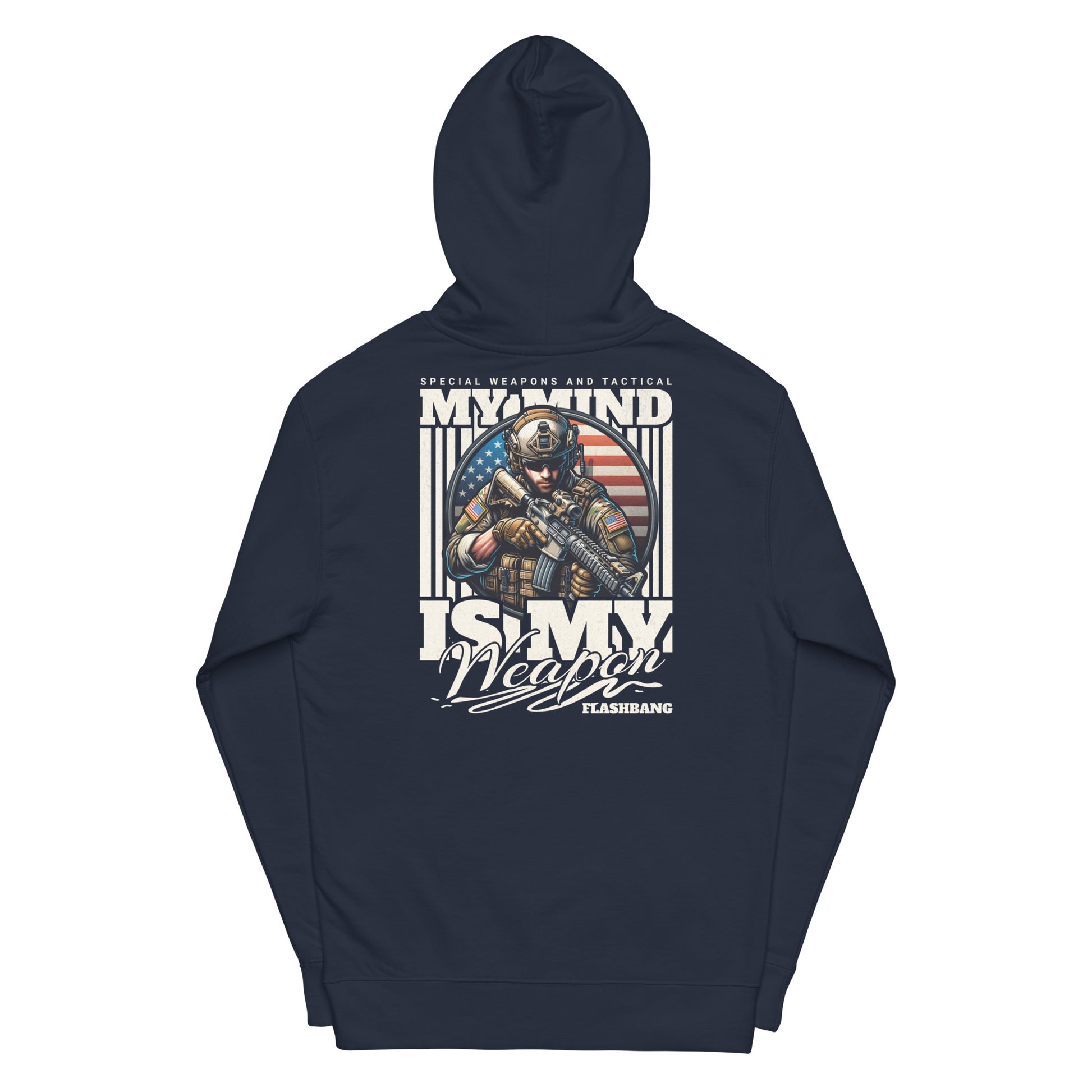 Navy blue hoodie with graphic design on the back featuring a soldier and text.