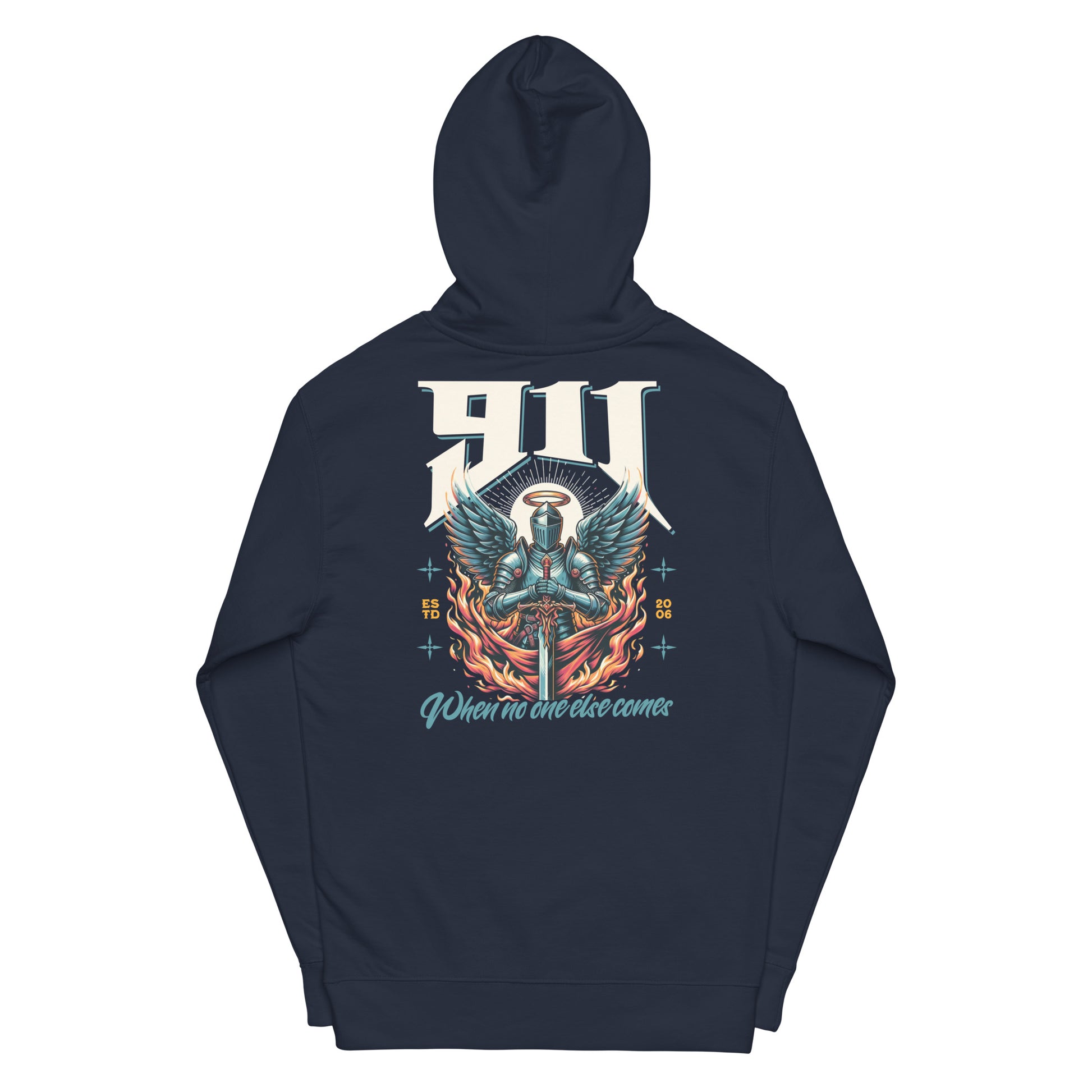 Navy blue hoodie with a colorful graphic design on the back against a white background