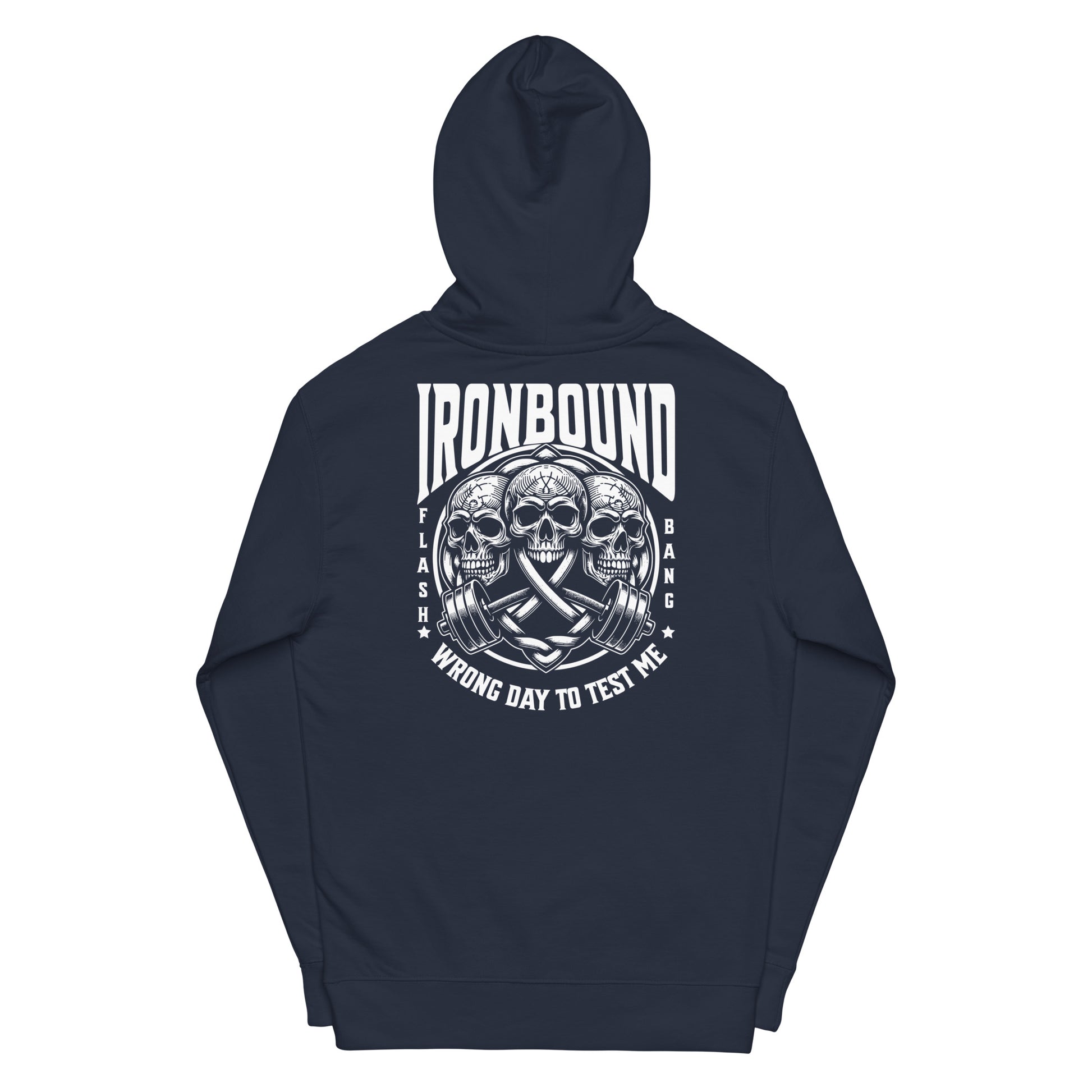 Navy hoodie with white graphic design on a white background