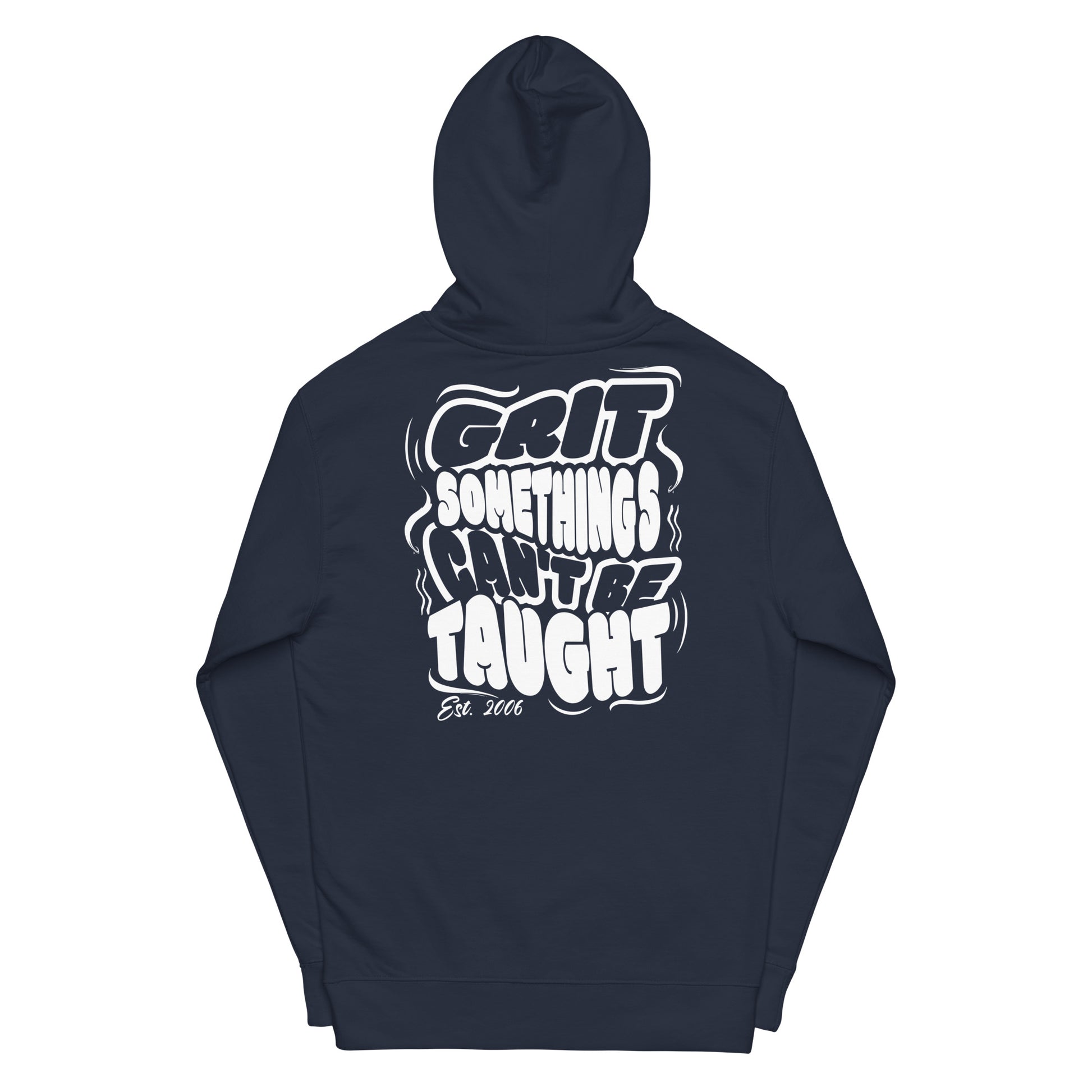 Navy blue hoodie with white text on the back on a white background