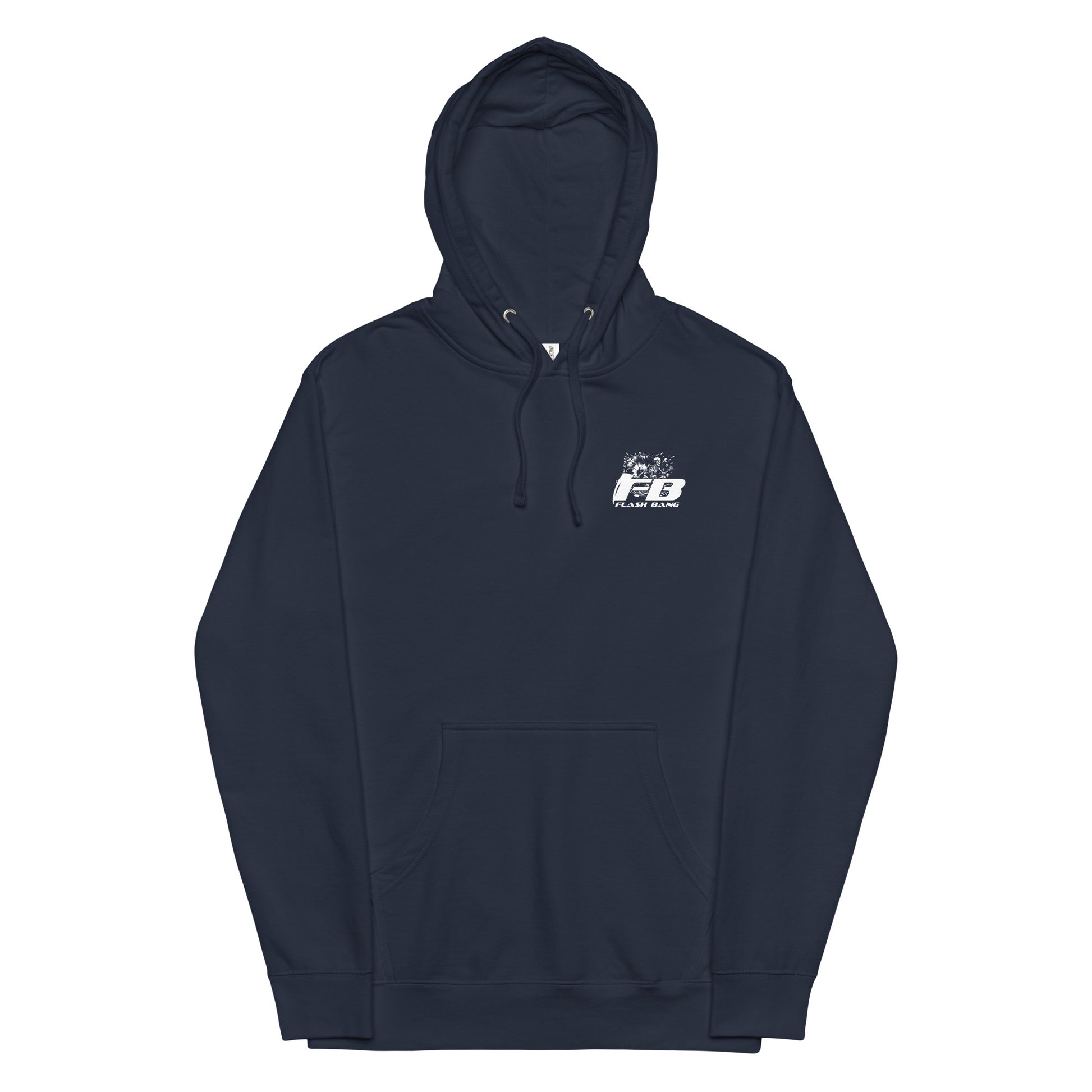Navy hoodie with a logo on the chest against a white background