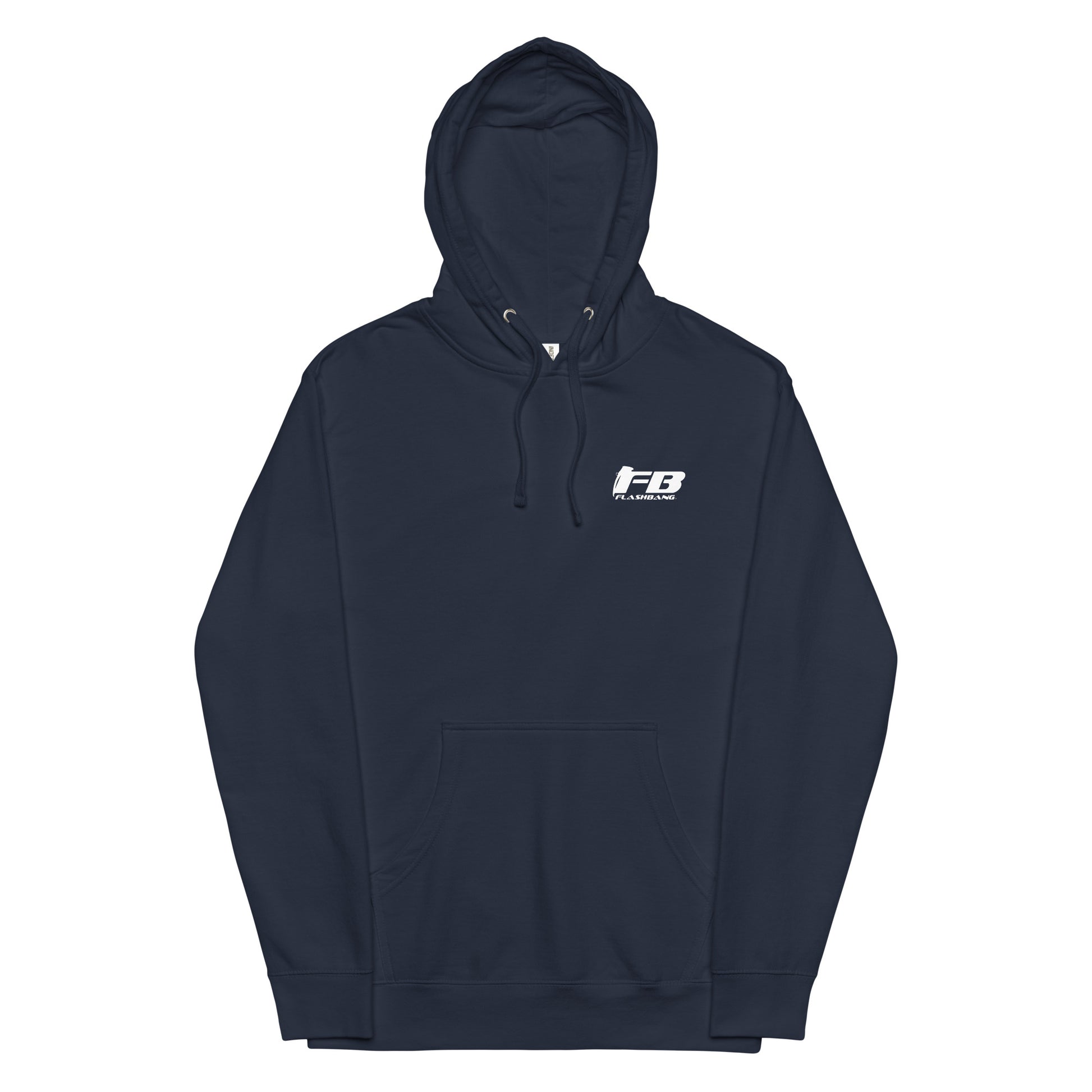 Navy hoodie with a logo on the chest against a white background