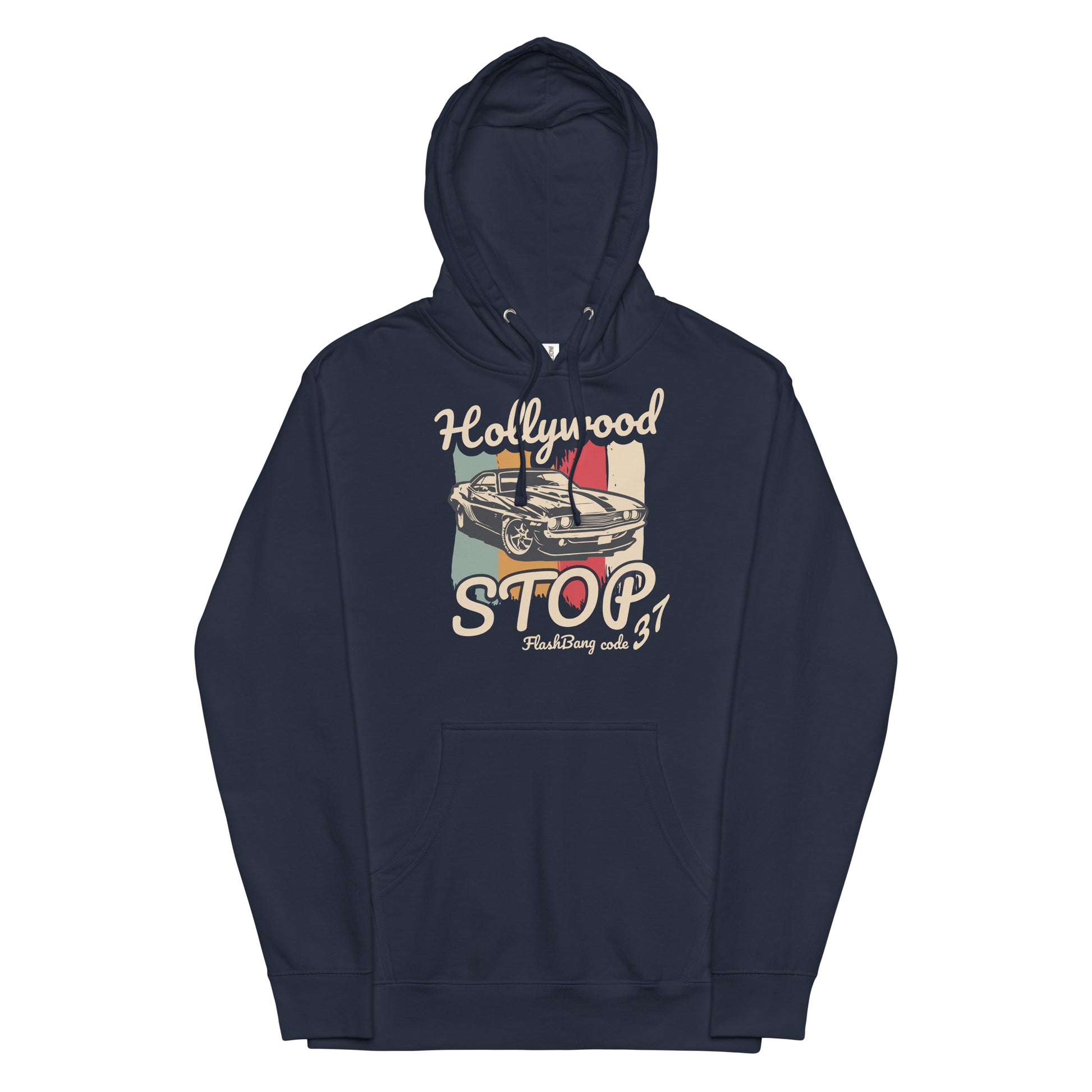 Navy blue hoodie with graphic design on a white background
