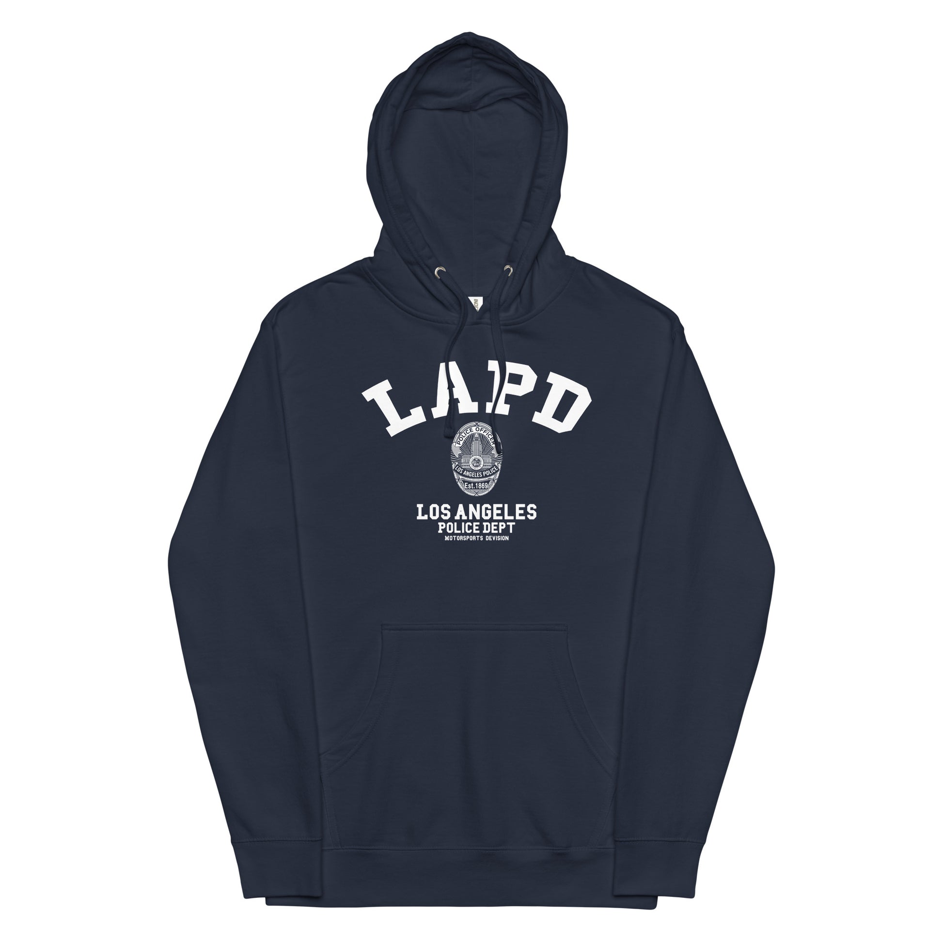 Navy hoodie with LAPD and Los Angeles Police Dept text on a white background