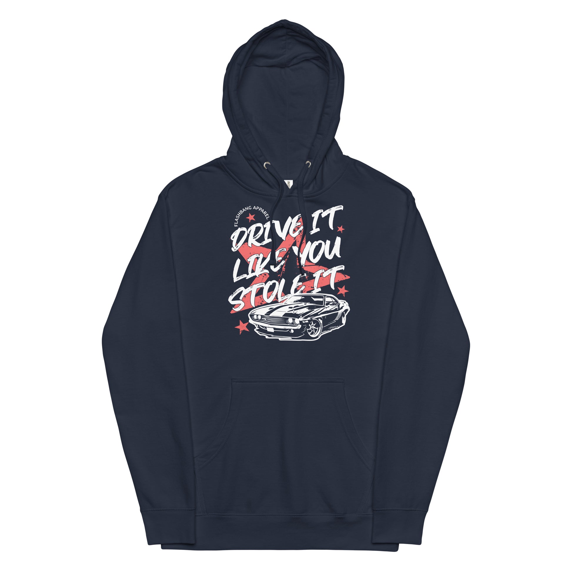 Navy blue hoodie with graphic design and text on a white background