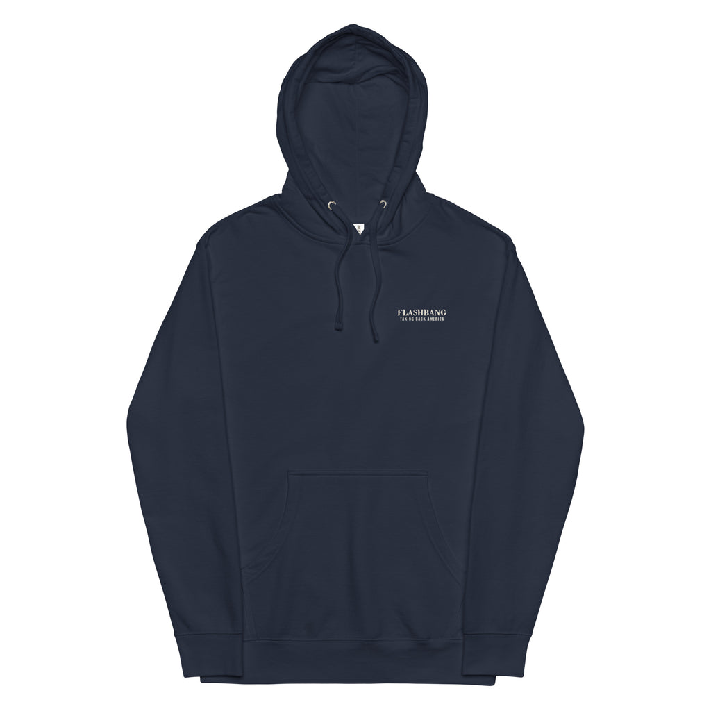 Navy blue hoodie with a brand logo on a white background