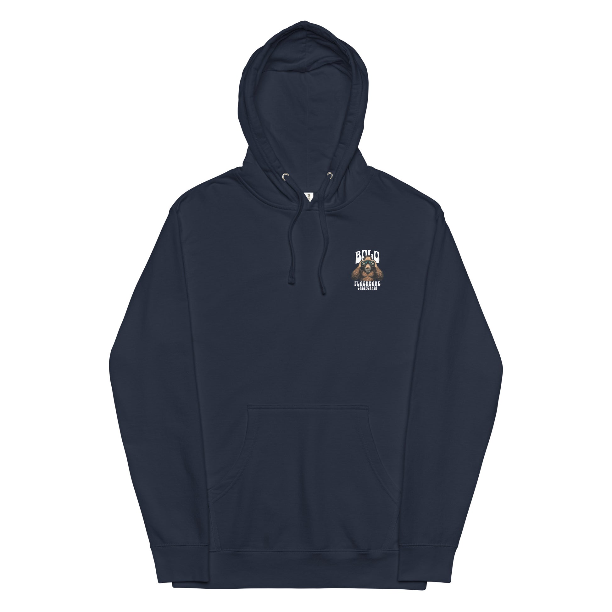 Navy blue hoodie with a small logo on the chest against a white background