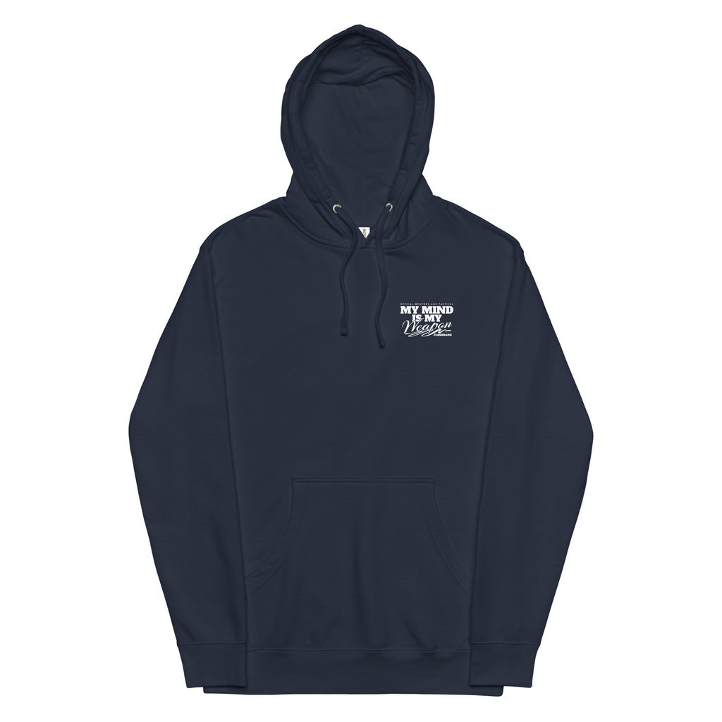 Navy blue hoodie with a white logo on a white background