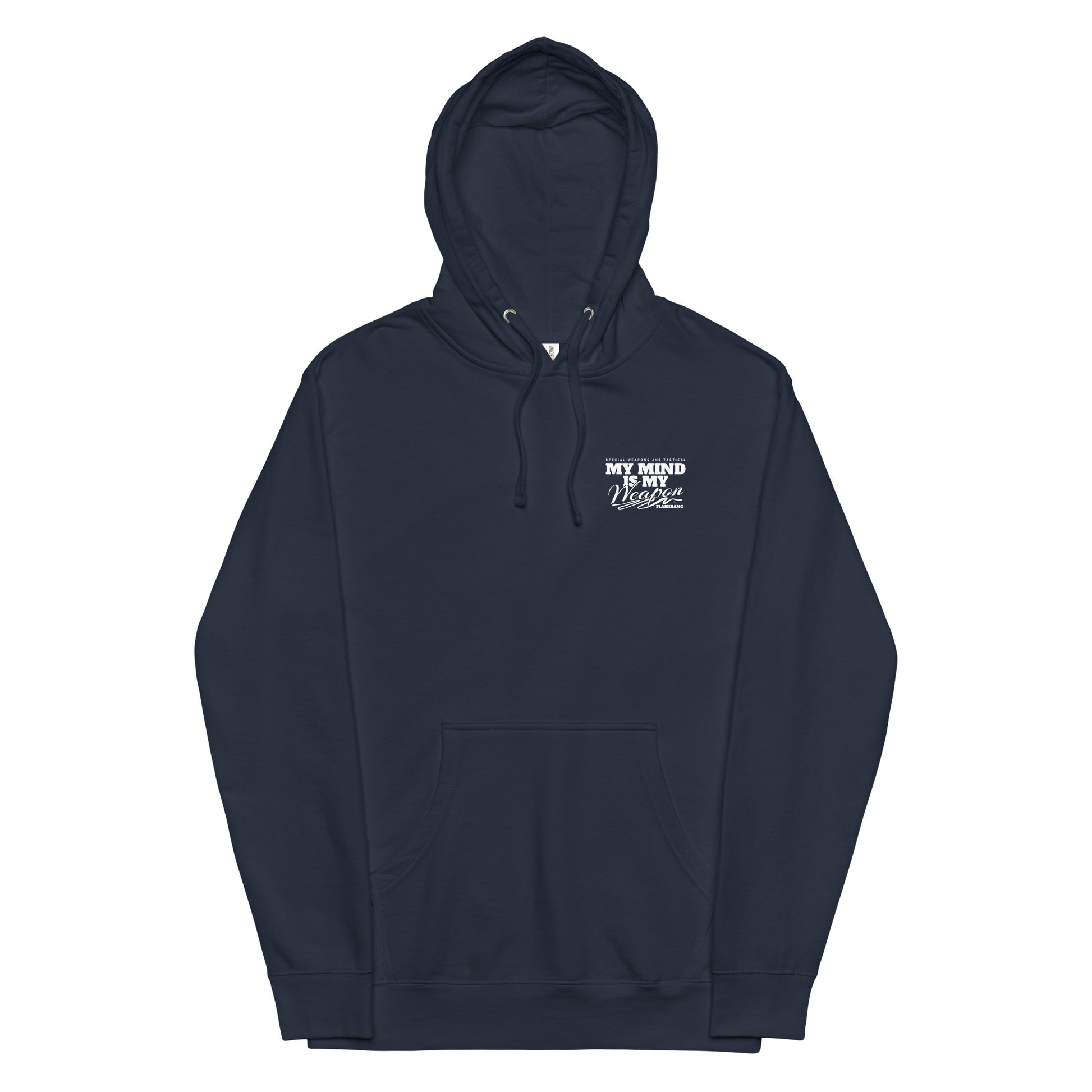 Navy blue hoodie with a white logo on a white background