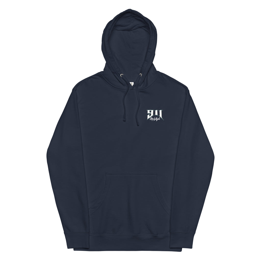 Navy blue hoodie with a white logo on a white background