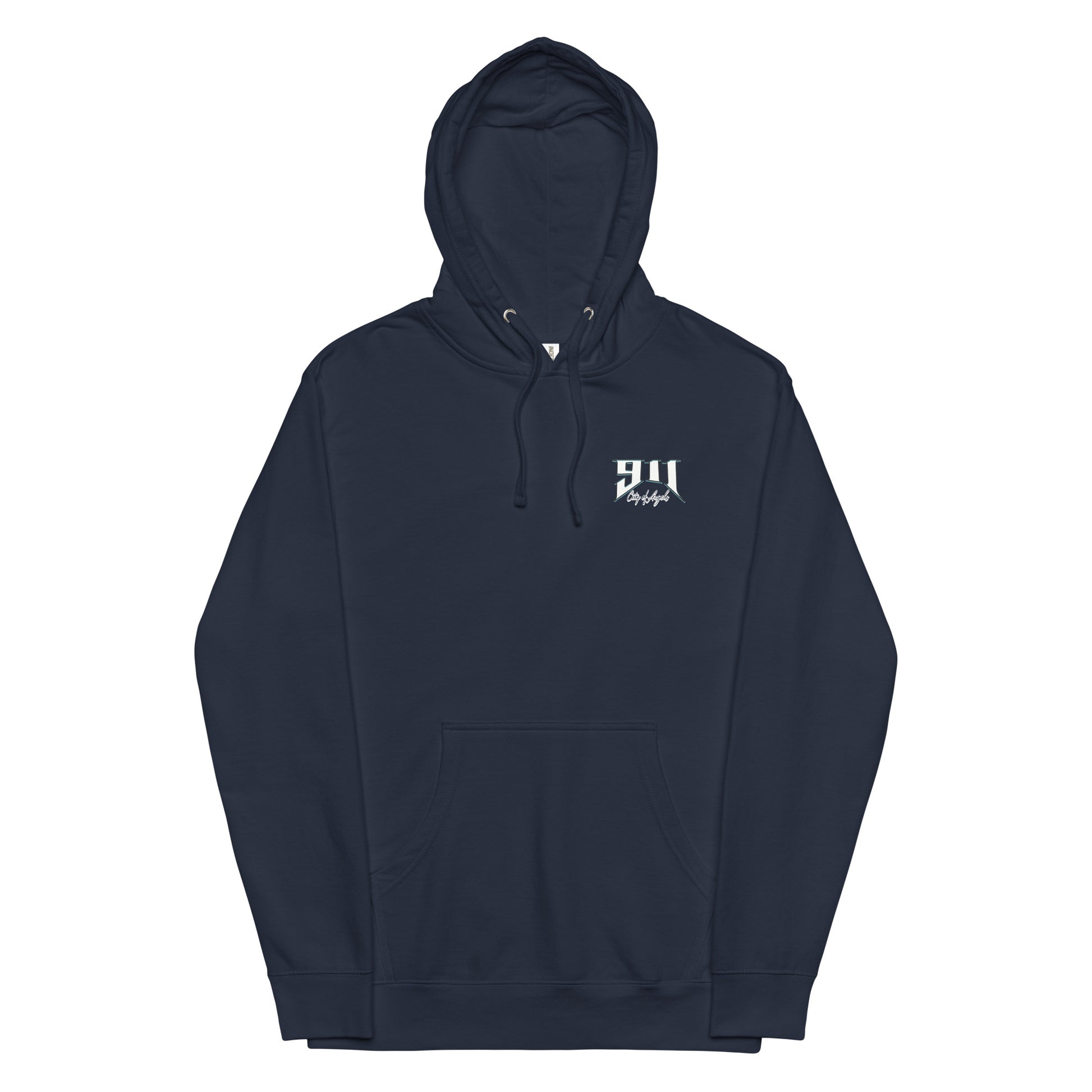 Navy blue hoodie with a white logo on a white background