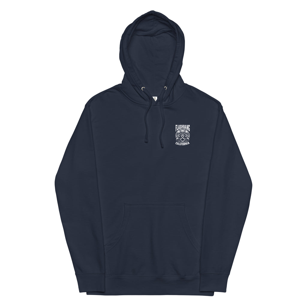 Navy blue hoodie with a small white logo on the chest against a white background