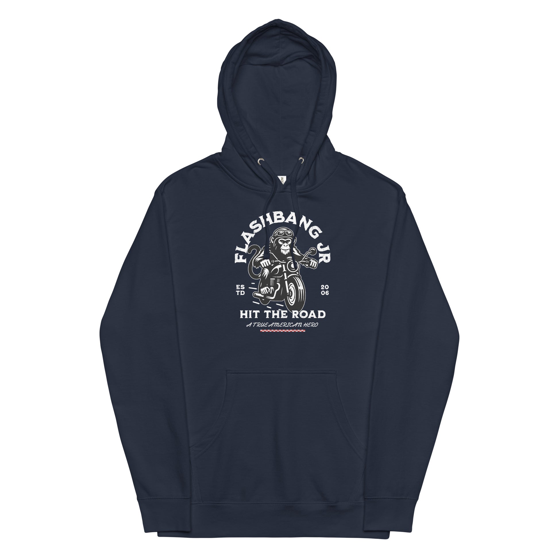 Navy blue hoodie with graphic design on a white background