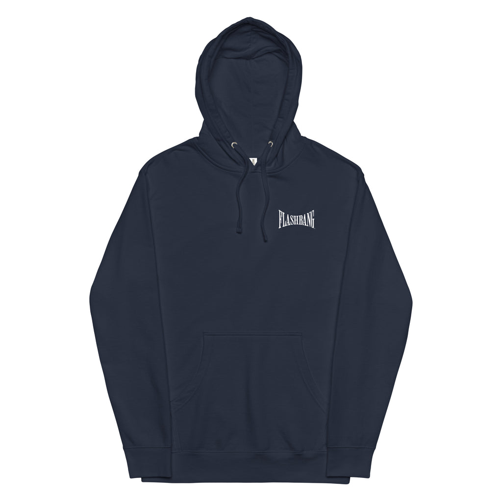 Navy hoodie with a brand logo on a white background