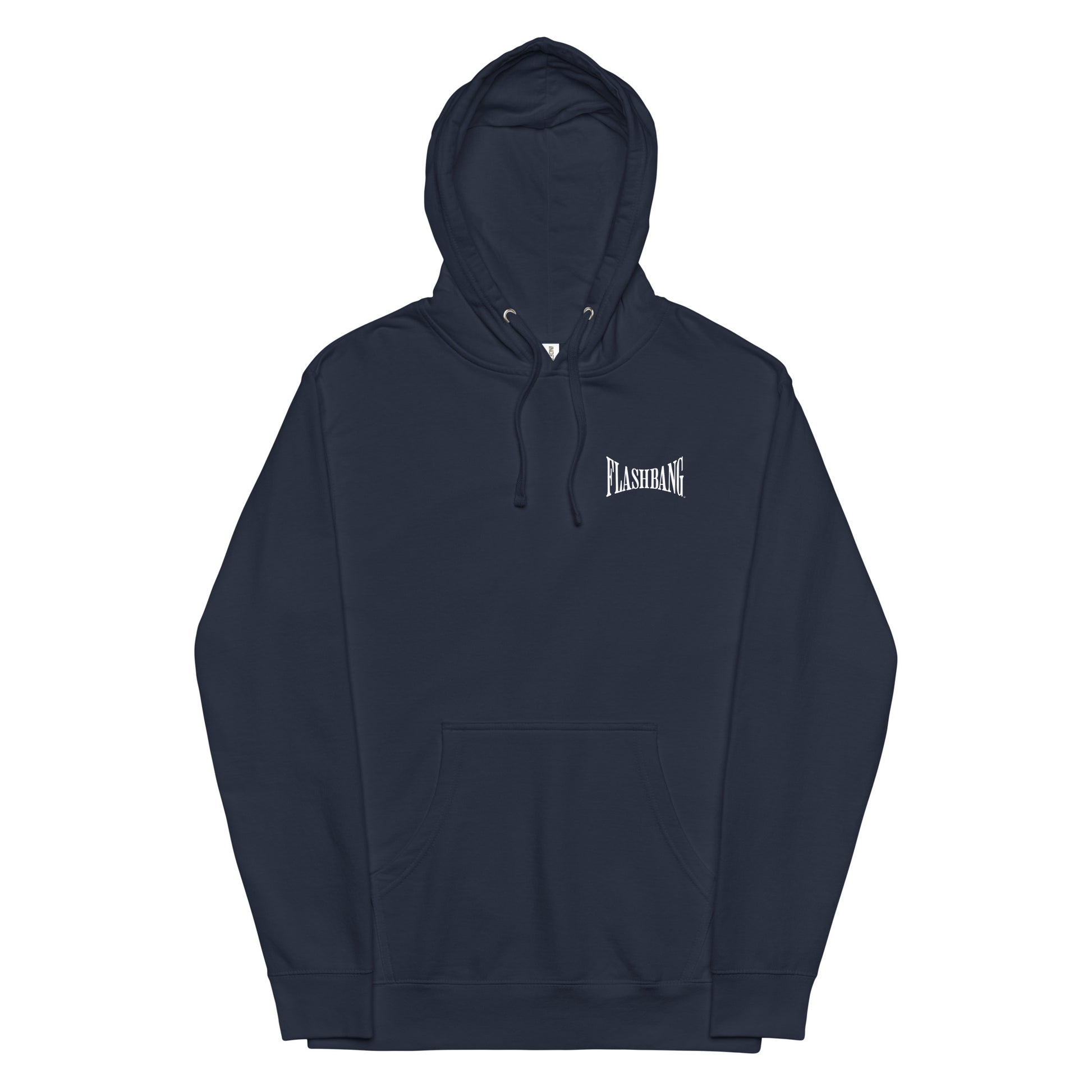 Navy hoodie with a brand logo on a white background