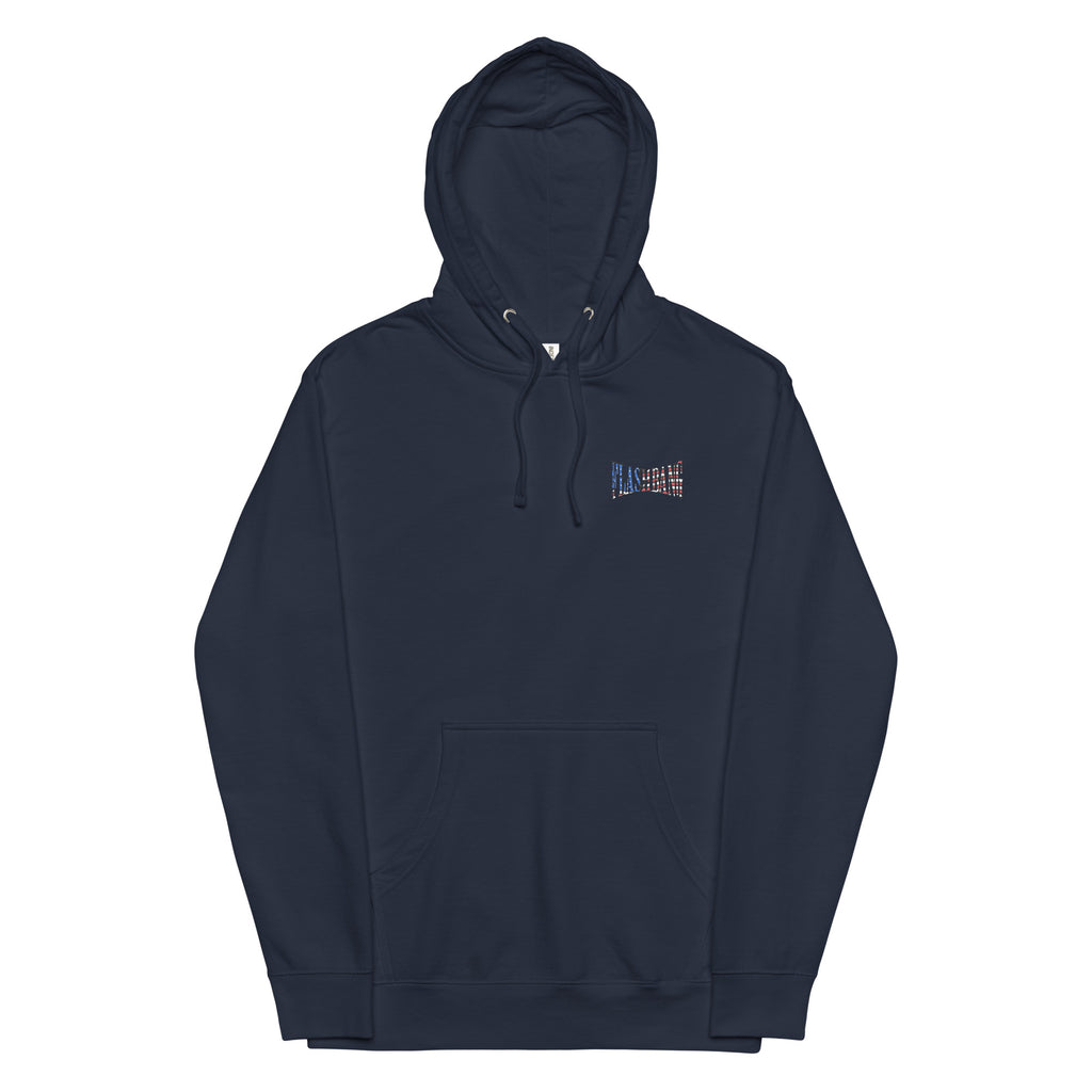 Navy blue hoodie with a small logo on the chest against a white background