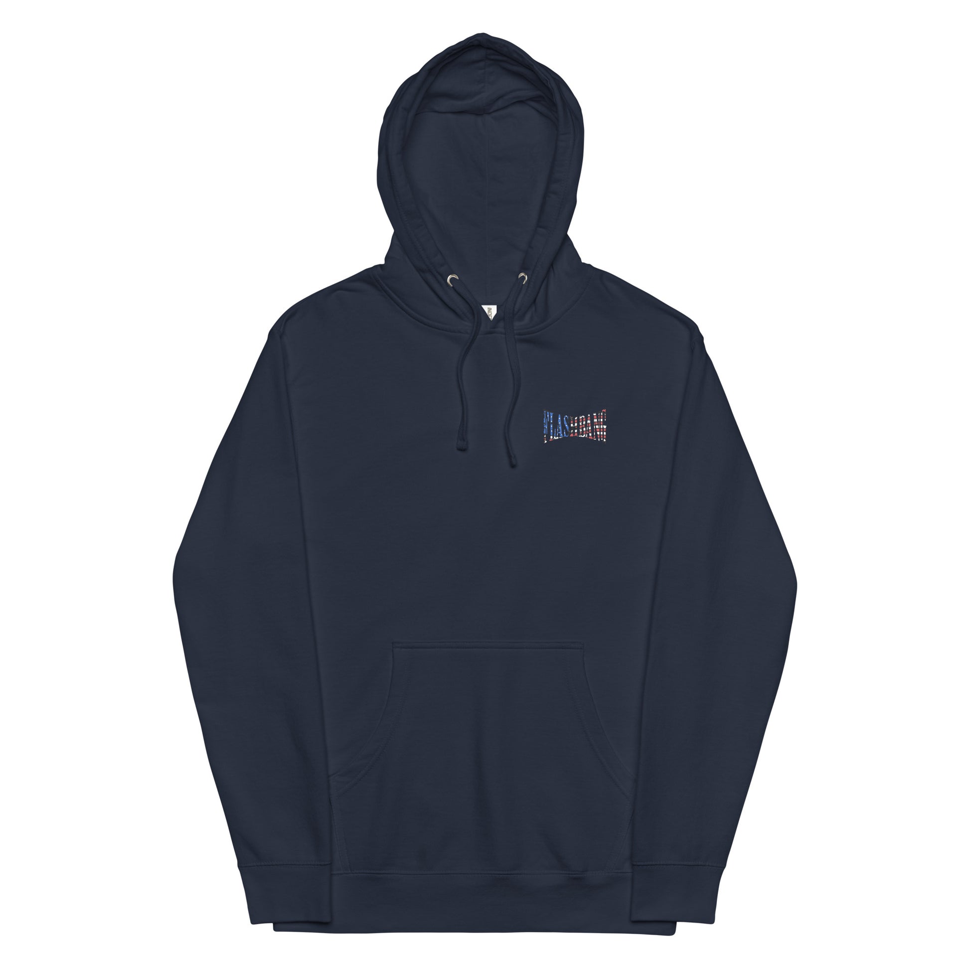 Navy blue hoodie with a small logo on the chest against a white background