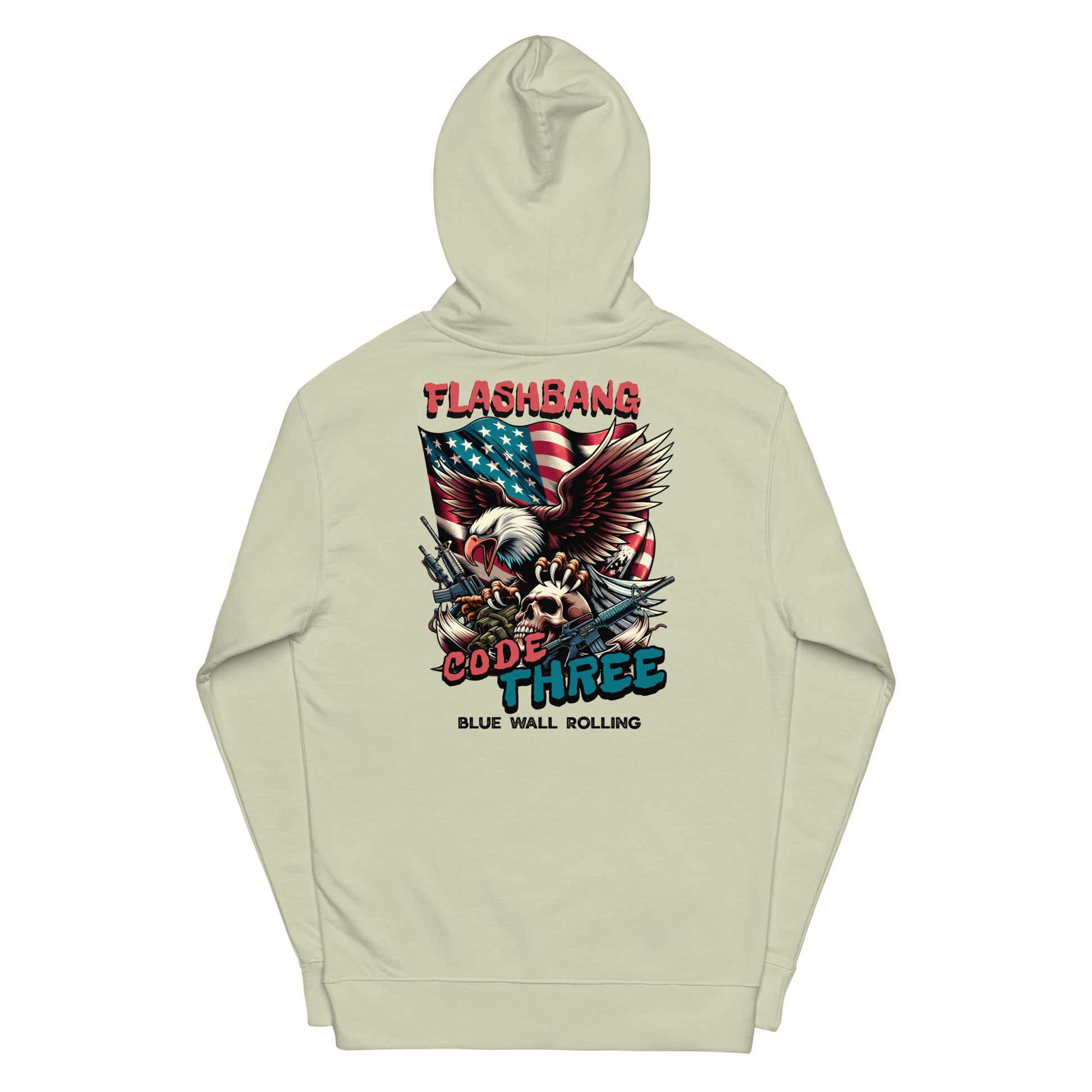 Beige hoodie with graphic design featuring an American flag, eagle, and text on a white background