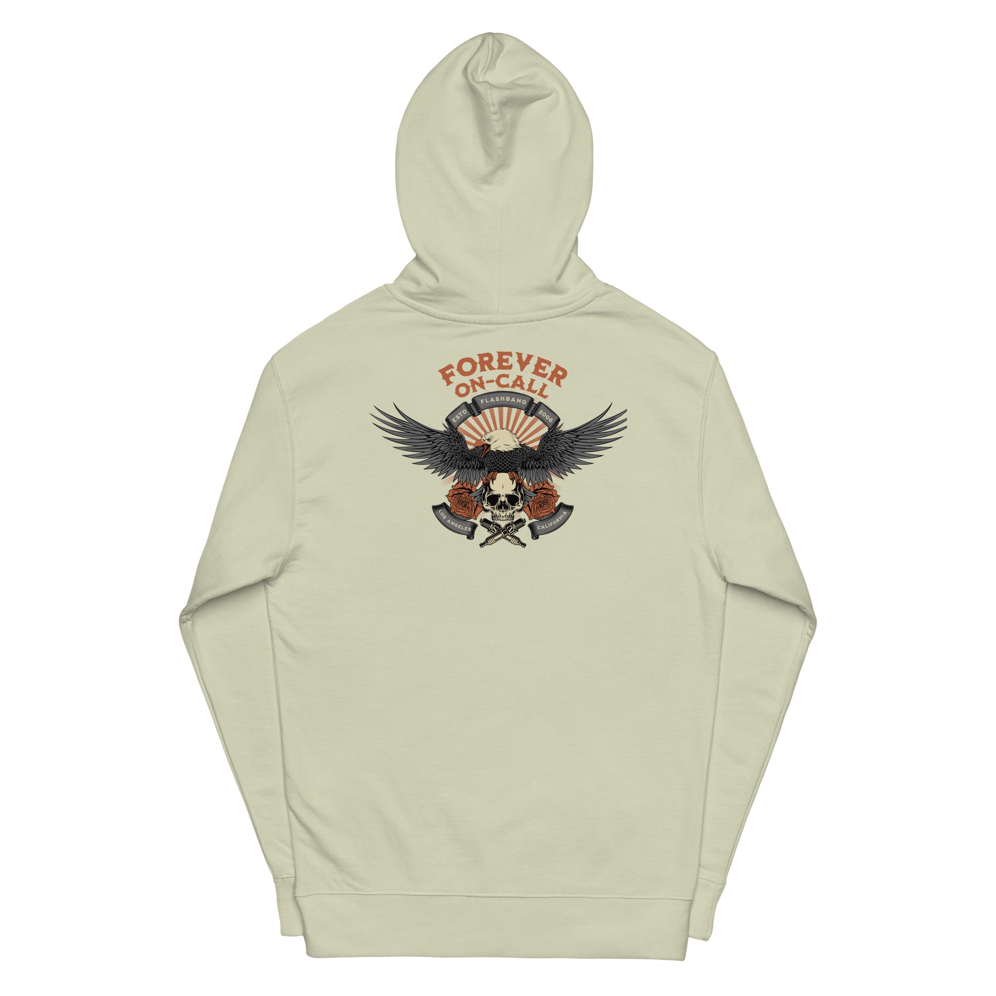 Beige hoodie with an eagle and skull design on a white background